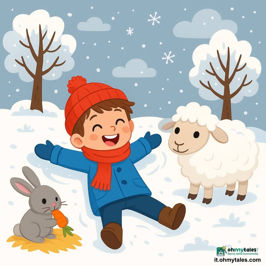 Un ragazzo di 6 anni, Mattia, con capelli castani disordinati e guance rosate, sorride gioiosamente mentre gioca nella neve. Indossa un grande cappotto blu, una sciarpa rossa vivace e un berretto di lana, i suoi occhi brillano di eccitazione e felicità. Vicino a lui c'è una bella pecora bianca di nome Lana, con una pelliccia morbida, che lo guarda con curiosità. Un piccolo coniglio di nome Timo, con pelliccia grigia e grandi orecchie, sta rosicchiando una carota, seduto su un mucchio di fieno. La scena si svolge in un giardino invernale magico, dove la neve copre il terreno come una dolce coperta, gli alberi sono adornati di fiocchi scintillanti e il cielo è di un grigio tenue, punteggiato di nuvole soffici. Mattia si diverte a fare angeli nella neve, le braccia e le gambe si estendono gioiosamente, mentre Lana e Timo lo osservano, portando un tocco di vita a questo paesaggio invernale incantevole.