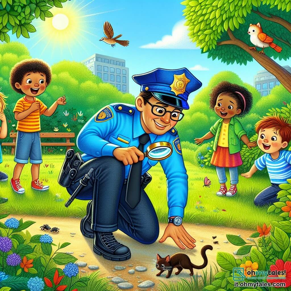Un poliziotto sorridente, un uomo di circa 35 anni, con una uniforme blu brillante e un cappello da poliziotto, è accovacciato in un parco verdeggiante, alla ricerca di un gatto. Il suo viso esprime determinazione e gentilezza, con occhi brillanti e un ampio sorriso. Nelle vicinanze, un gruppo di quattro bambini, due ragazzi e due ragazze, di età compresa tra 7 e 10 anni, lo osserva con entusiasmo. Il primo ragazzo, con capelli castani e occhiali, tiene una lente d'ingrandimento e guarda intorno. La prima ragazza, con trecce bionde, indica un cespuglio. Il secondo ragazzo, con capelli neri arruffati, sta ridendo, mentre la seconda ragazza, con capelli rossi, tiene un piccolo quaderno e prende appunti. Il luogo è un parco soleggiato, pieno di alberi verdi, fiori colorati e un piccolo sentiero di ghiaia. Gli uccelli cantano tra i rami e una panchina di legno è visibile sullo sfondo. La scena principale mostra il poliziotto e i bambini impegnati nella ricerca del gatto smarrito, con il poliziotto che li incoraggia, mentre un leggero miagolio si sente da un cespuglio vicino, promettendo una scoperta emozionante.
