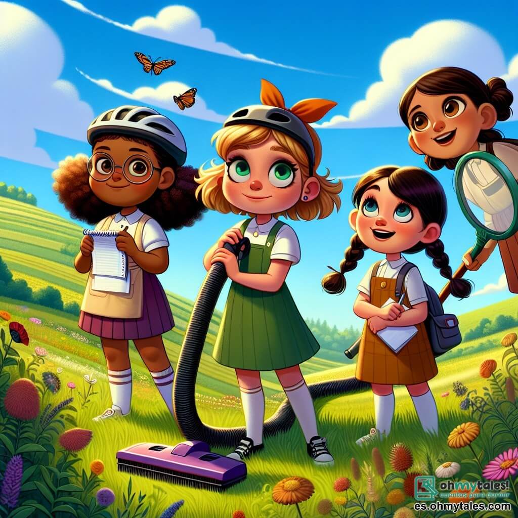 Cuatro chicas, Clara, Sofía, Marta y Lucía, están en un campo verde bajo un cielo azul con nubes blancas. Clara, de 10 años con cabello castaño en una coleta y un casco de bicicleta, está en el centro sosteniendo una aspiradora con una sonrisa decidida. A su izquierda, Sofía, de 9 años con cabello rubio rizado y gafas redondas, mira al cielo emocionada, sosteniendo una gran tela de mariposa. A la derecha, Marta, de 10 años con cabello negro trenzado y un cuaderno en la mano, observa los nubes, lista para dar instrucciones. Finalmente, Lucía, de 9 años con cabello pelirrojo y una gran sonrisa, hace gestos cómicos para animar a sus amigas, un poco más atrás. El lugar es un campo soleado, lleno de flores coloridas y hierba verde, con suaves colinas en el horizonte. La situación principal muestra a las cuatro amigas tratando de atrapar una nube con su invento, el "Nube-Atrapador 3000", una gran estructura hecha de globos de helio y una tela de mariposa, mientras una pequeña parte de la nube parece dirigirse hacia la aspiradora, simbolizando su desafío imposible.