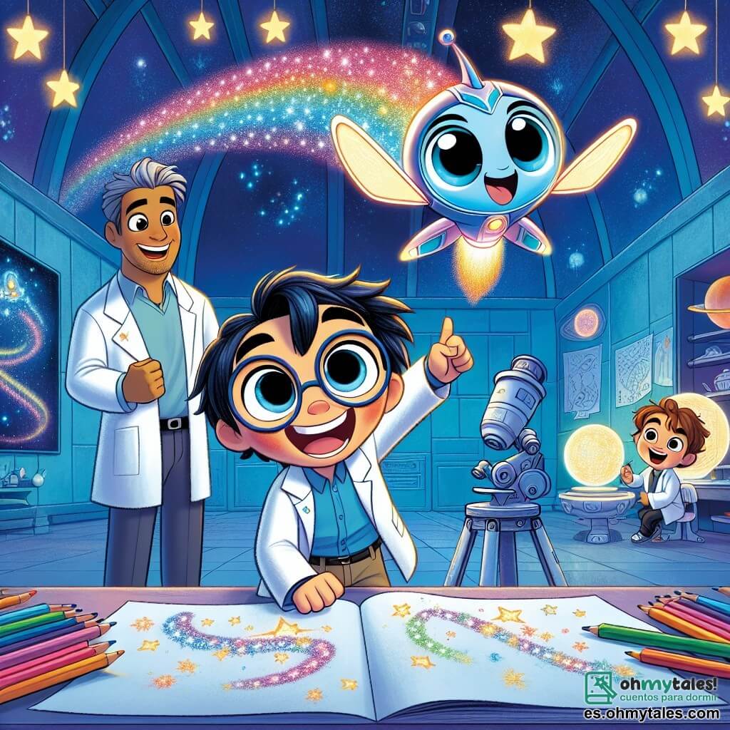 En el centro de la imagen, Luni, un pequeño cohete de colores brillantes con un cuerpo azul brillante y ojos redondos y expresivos, baila alegremente en el cielo estrellado, sus motores vibrando de emoción. Sonríe ampliamente, con sus alas desplegadas, rodeado de luces multicolores que brillan a su alrededor. A su derecha, el Dr. Estrella, un científico humano con cabello gris desordenado y gafas redondas, observa con asombro, sonriendo cálidamente. Lleva una bata blanca y sostiene un gran telescopio, apuntando hacia las estrellas. A la izquierda, Julián, un niño con cabello castaño y ojos chispeantes, dibuja con entusiasmo en una gran hoja de papel, rodeado de lápices de colores. Se ve concentrado y feliz, añadiendo estrellas y cohetes a su dibujo. El fondo muestra un laboratorio mágico, lleno de telescopios gigantes, mapas de estrellas y globos luminosos, con paredes decoradas con dibujos de galaxias. Estrellas brillantes iluminan el cielo nocturno, creando una atmósfera mágica. La escena principal muestra a Luni y sus amigos celebrando juntos, bailando y riendo bajo las estrellas, mientras luces de colores danzan a su alrededor, simbolizando la amistad y la alegría de un encuentro intergaláctico.