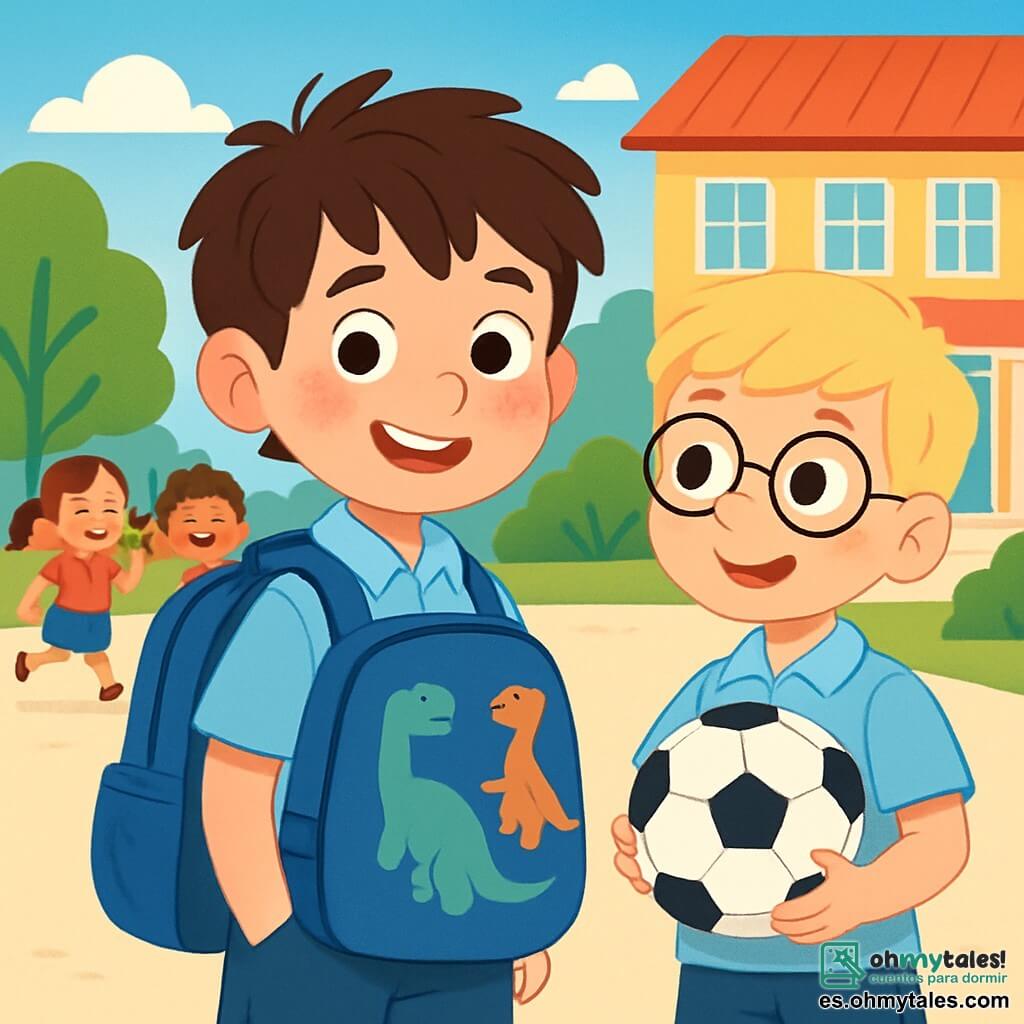 Un niño de 8 años, llamado Mateo, con cabello castaño despeinado y ojos brillantes de curiosidad, está en el centro de la imagen. Lleva un uniforme escolar azul claro y una mochila grande azul decorada con dibujos de dinosaurios. Su rostro expresa alegría mezclada con un ligero nerviosismo, con una gran sonrisa y mejillas ligeramente sonrojadas. A su lado, otro niño, Lucas, también de 8 años, con cabello rubio y gafas redondas, sonríe sosteniendo un balón de fútbol. Ambos están en el patio de la escuela, rodeados de compañeros que juegan y ríen. En el fondo, se puede ver un edificio escolar colorido con ventanas brillantes y árboles verdes. La escena representa el momento en que Mateo y Lucas se encuentran por primera vez, listos para jugar juntos, ilustrando la emoción y la amistad que surgen al inicio del año escolar.