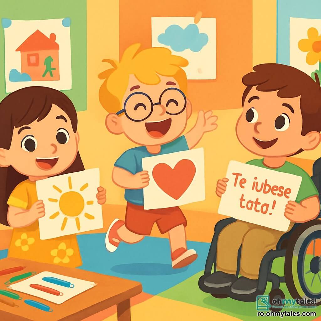 Există 3 personaje: Ana, o fetiță de 6 ani cu părul lung și brunet, care poartă o rochie galbenă cu flori și ține un desen cu soare colorat; Andrei, un băiețel de 6 ani cu părul blond și ochelari rotunzi, îmbrăcat într-un tricou albastru și pantaloni scurți roșii, ținând un desen în formă de inimă; și Luca, un băiețel de 6 ani cu părul castaniu, în scaun cu rotile, purtând un tricou verde și pantaloni bej, ținând un desen cu mesajul „Te iubesc, tata!”. Scena are loc într-o clasă luminoasă, cu pereți colorați și desene de copii. Cei trei prieteni pregătesc surprize pentru ziua tatălui, Ana și Andrei desenând cu entuziasm, iar Luca zâmbind. Toți se află într-o atmosferă veselă și festivă, pregătiți să sărbătorească dragostea pentru tații lor.