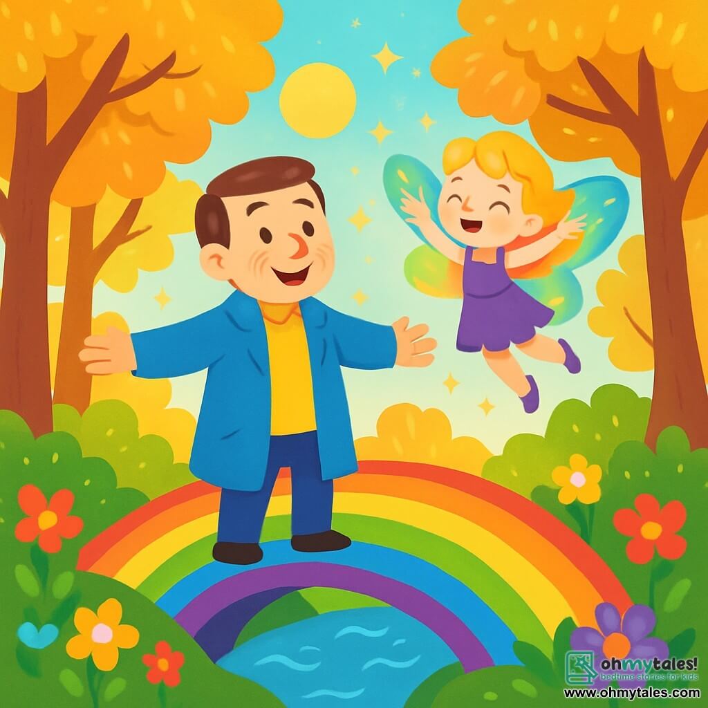 A middle-aged man named Hugo, with a warm smile and sparkling eyes, wears a bright blue coat. He stands on a rainbow bridge with his arms open, marveling at the beauty around him. Beside him is a small fairy named Lila, about 8 years old, with shimmering rainbow-colored wings, joyfully dancing in the air, her golden hair floating around her. The setting is an enchanted forest, where majestic trees are covered in golden leaves shining in the sunlight. Colorful flowers bloom everywhere, and a gentle stream sings beneath the bridge. The main scene shows Hugo and Lila on the rainbow bridge, ready to cross into a magical world, surrounded by bursts of light and vibrant colors symbolizing the adventure and magic that awaits them.