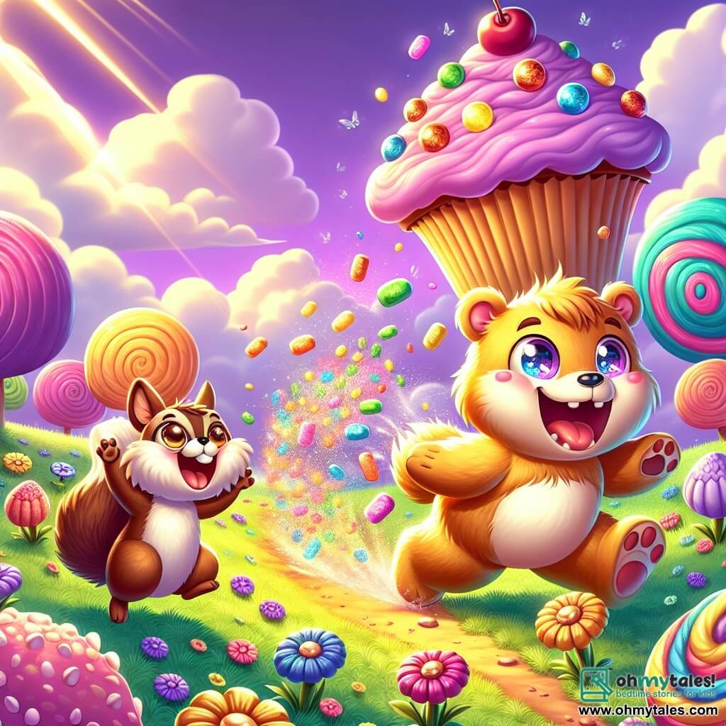 An illustration shows a teddy bear, a boy with golden fur and round, curious eyes, joyfully jumping with a big smile as he chases a giant cupcake rolling in front of him. Next to him, a squirrel, also a boy with brown fur and a bushy tail, is laughing heartily, his little paws raised as if ready to leap. He looks at the cupcake with wide, excited eyes. The scene is set in a fantastical world with a bright purple sky and candy-shaped leaves on colorful trees. The ground is covered in soft, fluffy grass dotted with multicolored flowers dancing in a gentle breeze. The main action depicts the bear and squirrel racing after a cupcake that transforms into a whirlwind of colors, leaving a trail of sparkling glitter behind. Additional elements include giant candies in the background, marshmallow-shaped clouds, and sun rays illuminating the scene, creating a joyful and playful atmosphere.