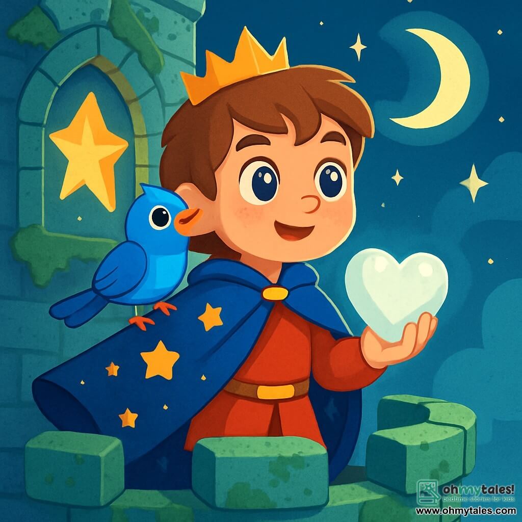 A prince named Lysander, around 10 years old, stands atop a majestic tower, his eyes shining like stars and his face filled with determination. He wears a midnight blue cape adorned with sparkling stars, and in his hand, he holds the heart of the moon, a silver stone emitting a soft glow. Beside him, a small nightingale with bright blue feathers perches on his shoulder, singing joyfully, its eyes sparkling with magic. The scene takes place in the Tower of Forgotten Dreams, a tall and mysterious structure made of ancient stones covered in silver moss, with star-shaped windows allowing soft moonlight to enter. With a hopeful smile, Lysander prepares to bring light back to his kingdom, firmly holding the heart of the moon, while the nightingale encourages him with its enchanted melody.