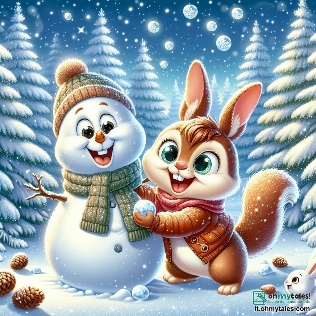 Tito, un giovane scoiattolo dagli occhi scintillanti e dal pelo marrone e setoso, sta costruendo un pupazzo di neve in una radura innevata, con un ampio sorriso sul volto, pieno di eccitazione e gioia. Accanto a lui c'è Lillo, un coniglietto dalle grandi orecchie e dal pelo bianco, che ride lanciando palle di neve, con le guance rosa per la felicità. Sullo sfondo, maestosi abeti coperti di neve scintillante si ergono sotto un cielo azzurro chiaro, mentre fiocchi di neve cadono dolcemente intorno a loro, creando un'atmosfera magica e invernale. La scena cattura lo spirito di amicizia e gioia dell'inverno, dove i due amici si divertono insieme in un paesaggio da favola.