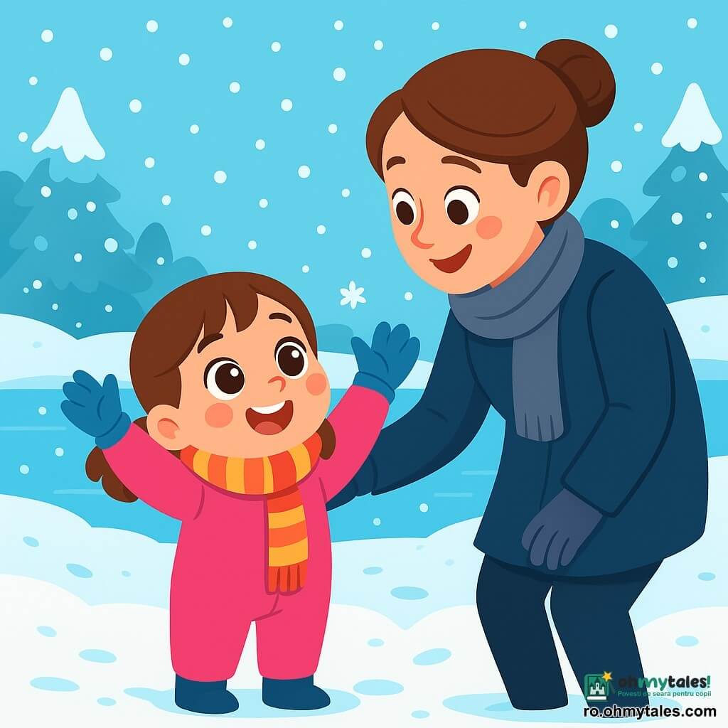 O fetiță de 4 ani, cu ochi mari și strălucitori și obraje roz, poartă o salopetă de zăpadă roz aprins și o eșarfă cu dungi. Ea zâmbește cu uimire în timp ce privește un lac înghețat, cu mâinile ei îmbrăcate în mănuși albastre ridicate în aer, ca și cum ar dori să atingă fulgii de zăpadă care cad ușor în jurul ei. Lângă ea, mama ei, o femeie de aproximativ 30 de ani, cu părul castaniu prins într-un coc, poartă o haină bleumarin și o eșarfă din lână gri. Se apleacă ușor spre fiica ei, împărtășind un moment de tandrețe și bucurie, arătându-i lacul. Decorul este o frumoasă zi de iarnă, cu copaci acoperiți de zăpadă strălucitoare, un cer albastru deschis și fulgi de zăpadă care dansează în aer. Pământul este acoperit cu un strat gros de zăpadă imaculată, iar urmele de pași duc spre lac. Situația principală arată fetița uimită de frumusețea iernii, descoperind magia zăpezii care cade, în timp ce mama ei o observă cu dragoste, creând un moment cald și vesel în mijlocul iernii.