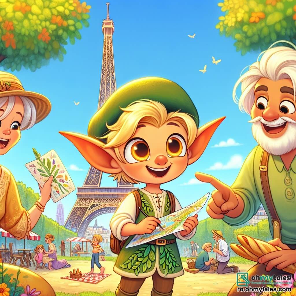Un elf mic pe nume Lumea, cu urechi mari ascuțite și păr auriu, privește cu uimire Turnul Eiffel, ochii săi strălucind de bucurie și excitație. Poartă o tunică verde împodobită cu frunze și ține o hartă colorată în mâini. Lângă el, bunica Ana, o femeie blândă cu păr argintiu și un zâmbet cald, îi arată monumentul, în timp ce bunicul George, un bărbat jovial cu barbă albă și o pălărie de paie, râde ținând o baghetă de pâine. Se află toți trei într-un parc însorit, înconjurați de flori strălucitoare și copaci verzi, cu familii care fac picnic și artiști care desenează în fundal. Scena surprinde momentul magic în care Lumea descoperă frumusețea Parisului, pregătit să trăiască o aventură de neuitat.