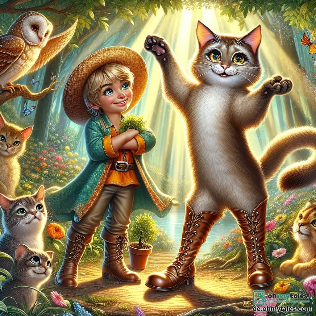 Der gestiefelte Kater, ein eleganter Kater mit seidigem Fell und glänzenden Lederstiefeln, steht im Mittelpunkt der Szene und zeigt einen entschlossenen und fröhlichen Ausdruck. Seine Augen funkeln vor Intelligenz, während er eine Pfote hebt, um den anderen den Weg zu zeigen. Neben ihm schaut ein etwa 8-jähriger Junge mit blonden Haaren und strahlenden Augen voller Staunen. Er trägt ein buntes Tunika und einen Strohhut und hält einen kleinen Topfbaum, bereit ihn zu pflanzen. Etwas weiter entfernt sitzt eine weise und majestätische Eule mit goldenen Federn auf einem Ast und beobachtet die Szene mit einem wohlwollenden Blick, bereit, Ratschläge zu geben. Der Ort ist ein wunderschöner, grüner Zauberwald, gefüllt mit bunten Blumen, die im Wind tanzen, während Sonnenstrahlen durch das dichte Laub filtern und eine magische und warme Atmosphäre schaffen. Die Hauptsituation zeigt den gestiefelten Kater und den Jungen, die sich darauf vorbereiten, einen Baum zu pflanzen, was ihr Engagement für den Schutz des Waldes symbolisiert, umgeben von neugierigen Tieren, die sie mit fröhlichen Gesichtsausdrücken anfeuern.