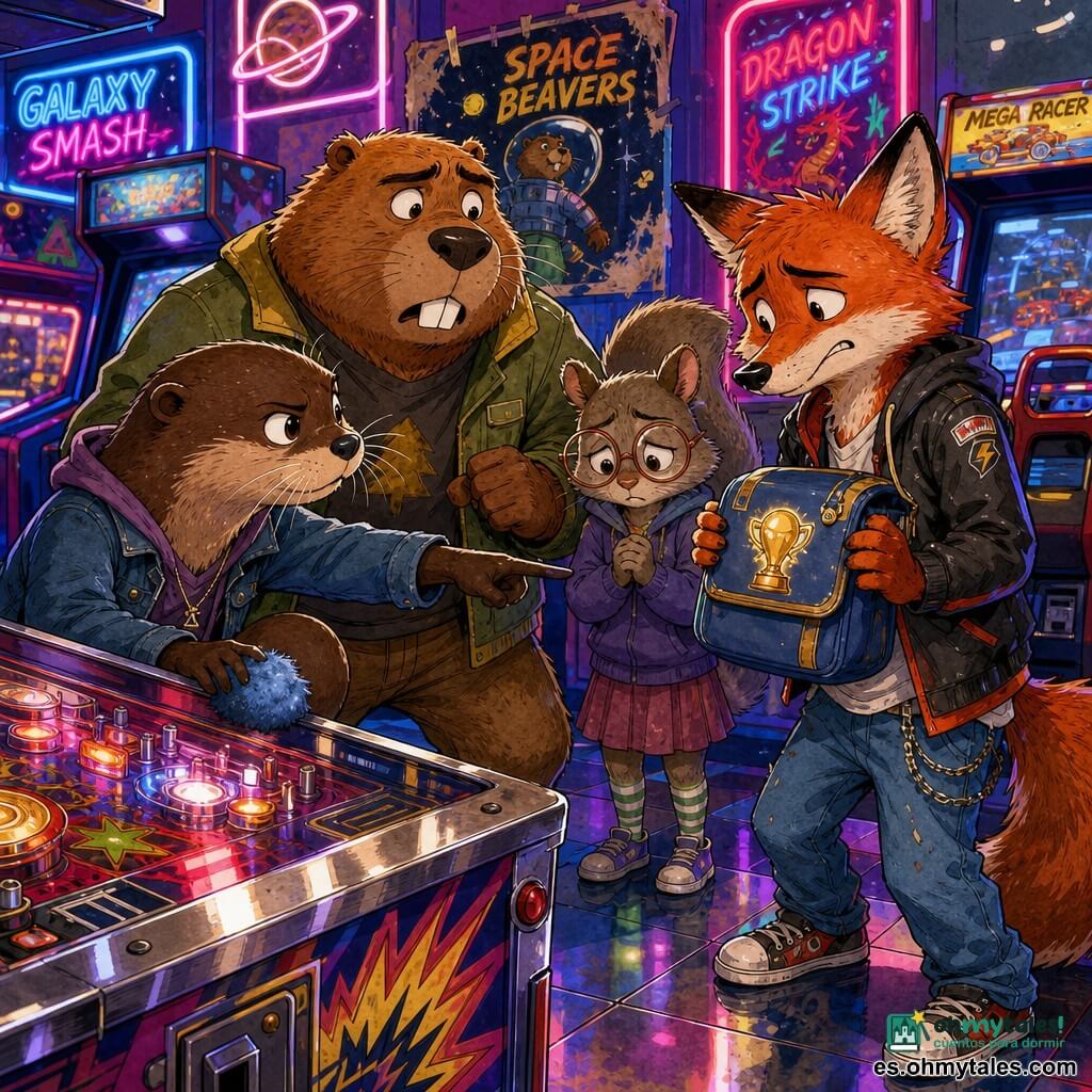 Lía, una joven nutria curiosa y concentrada, agazapada tras una máquina de pinball con una mano sobre una pequeña bolsa azul y la otra señalando hacia ella, descubre el trofeo robado; Bruno, un castor robusto de pelaje rojizo, preocupado pero leal, está a su lado listo para actuar; Timo, un zorro delgado de mirada culpable, sujeta torpemente la bolsa de la que asoma el brillo dorado del trofeo en forma de bombilla; Nela, una pequeña ardilla de gafas y pelaje grisáceo, parece avergonzada y aprieta la bolsa entre Timo y Lía; todo ocurre en un salón de arcade ruidoso y colorido con neones rosas y azules y sombras nítidas que crean una escena tensa y llena de color.