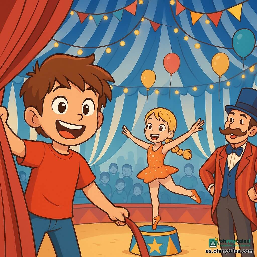 Un niño de 10 años, Nico, con cabello castaño desordenado y ojos brillantes de alegría, se encuentra en el centro de una escena de circo, sonriendo ampliamente. Lleva una camiseta roja brillante y pantalones azules, y está tirando de una cuerda para abrir un gran telón rojo, revelando un espectáculo colorido. A su lado, Rita, una niña de 9 años con trenzas rubias y un traje de malabarista brillante, se prepara para hacer una pirueta sobre una pequeña caja, luciendo emocionada y concentrada. Más lejos, Don Gorgorito, un hombre de unos cincuenta años con un gran bigote y un traje a rayas, observa la escena con una sonrisa amable, listo para animar a los jóvenes artistas. El lugar es una gran carpa de circo, con rayas azules y blancas, llena de luces brillantes y decoraciones coloridas. Globos flotan en el aire y los espectadores están sentados en bancos de madera, esperando ansiosos el espectáculo. La situación principal muestra a Nico tirando de la cuerda para descubrir el telón rojo, mientras Rita se prepara para saltar, creando una atmósfera mágica y emocionante, llena de risas y energía alegre.