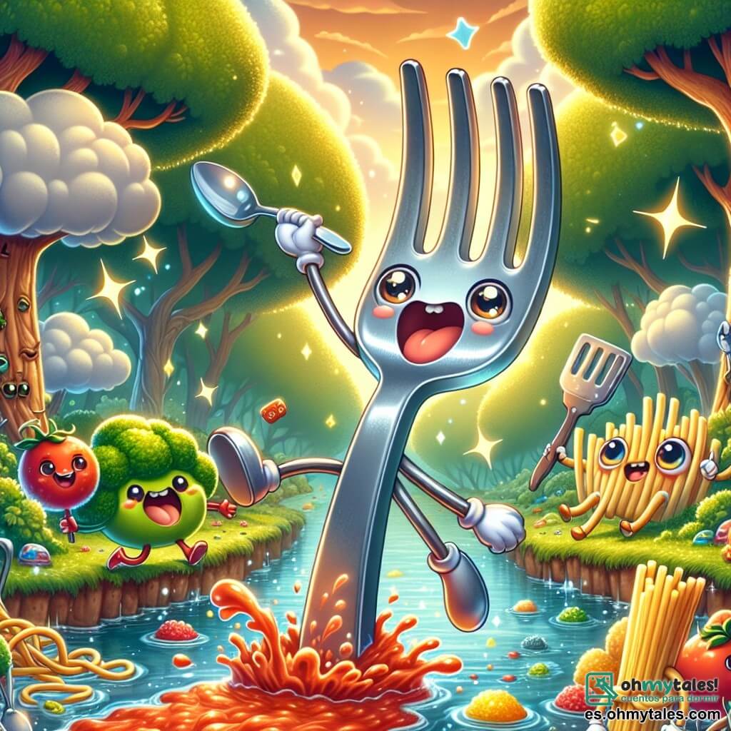 Ilustración que representa un pequeño tenedor de metal brillante, con dientes relucientes y una sonrisa traviesa. Está saltando alegremente, con los ojos brillantes de emoción, al borde de un arroyo de salsa burbujeante. A su lado, un pequeño ser peludo con patas de espagueti y una cabeza de brócoli, que ríe de manera contagiosa, con los brazos levantados en señal de alegría. Un poco más lejos, una gran sartén con una cara amigable, que observa la escena con una sonrisa benevolente, sosteniendo una espátula. El lugar principal es un bosque encantado, donde los árboles están hechos de caramelos coloridos y las nubes parecen nubes de algodón de azúcar, iluminadas por un suave sol dorado que filtra a través del follaje. La situación principal muestra al tenedor y sus amigos cruzando el arroyo de salsa, salpicando salsa por todas partes, mientras ríen y se divierten juntos, listos para vivir una increíble aventura. Otros elementos gráficos incluyen burbujas de salsa que estallan a su alrededor, destellos de luz brillante en el aire, y pequeños animales del bosque curiosos que los miran con ojos asombrados.