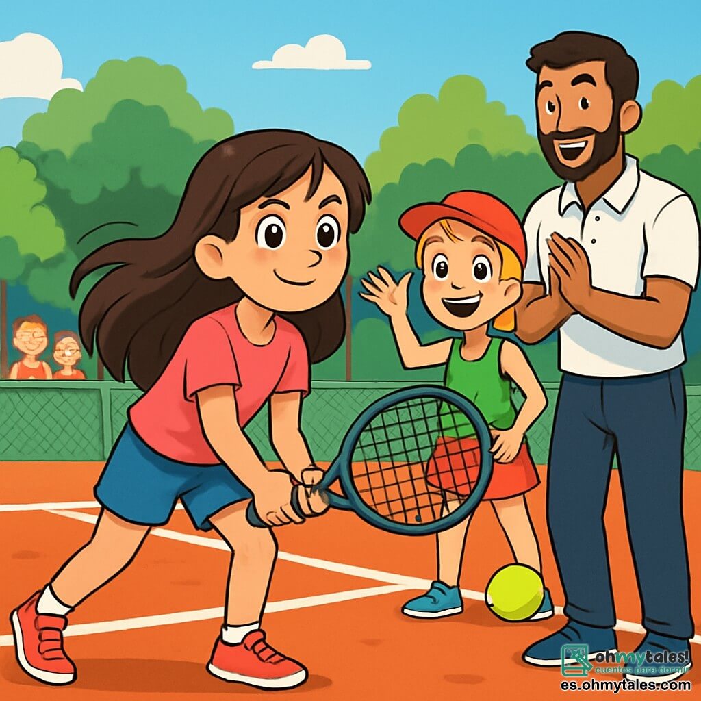 Hay 3 personajes: Clara, una niña de 12 años con cabello largo y castaño, ojos brillantes, camiseta rosa y pantalones cortos azules, sosteniendo una raqueta de tenis con determinación; Lina, otra niña de 12 años con cabello corto y rubio, gorra roja y camiseta verde, sonriendo alegremente y animando a Clara desde el borde de la cancha; y Alejandro, un hombre adulto, alto y atlético, con cabello negro y barba bien cuidada, vestido con una camiseta blanca y pantalones deportivos, observando a las jóvenes jugadoras con una mirada amable. La escena tiene lugar en una cancha de tenis al aire libre, rodeada de exuberante vegetación, con un suelo de arcilla roja y líneas blancas bien definidas. En el fondo, árboles frondosos y espectadores entusiastas añaden una atmósfera vibrante. Clara se prepara para servir, concentrada y llena de energía, mientras Lina la anima con gestos entusiastas y Alejandro, de pie al lado, sonríe y aplaude, creando un ambiente de apoyo y emoción.