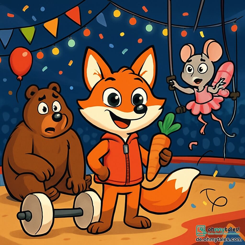 Ein schlauer und lächelnder Fuchs, der eine kleine rote Zipfelmütze trägt und eine Karotte in seiner Pfote hält, steht im Mittelpunkt der Szene mit funkelnden Augen vor Aufregung. Rechts von ihm dreht eine kleine akrobatische Maus im rosa Tutu mit glitzernden Flügeln auf einem Trapez im Kreis und zeigt einen Ausdruck von Überraschung und Besorgnis. Links sucht ein großer muskulöser Bär mit braunem Fell und einem perplexen Blick verzweifelt nach seinen riesigen, marshmallowförmigen Hanteln, die auf dem Boden liegen. Im Hintergrund ist die Zirkusbahn mit bunten Lichtern und wehenden Fähnchen geschmückt, während eine Menge erstaunter Zuschauer die Vorstellung beobachtet. Die Szene ist voller Magie und Chaos, mit Konfetti, das vom Himmel fällt, und schwebenden Ballons, die eine festliche und fröhliche Atmosphäre schaffen.