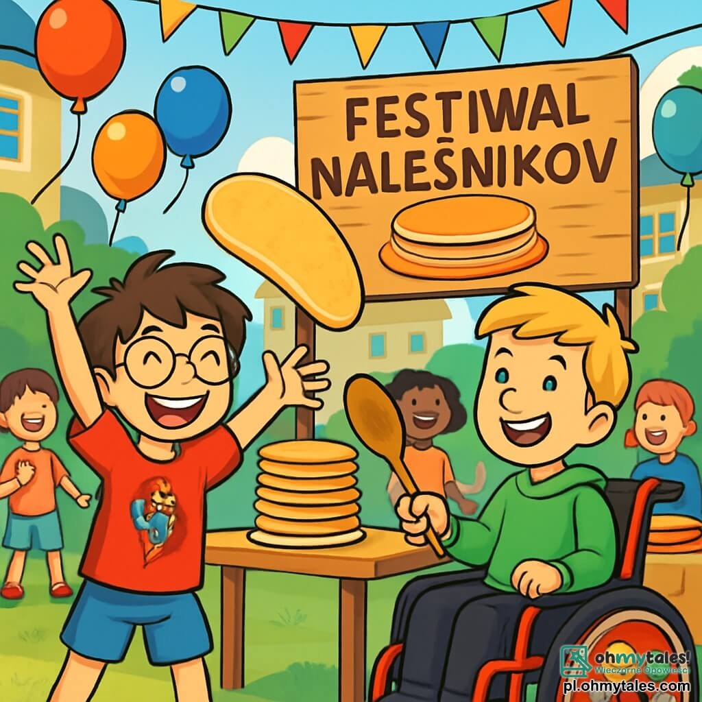 Są dwaj główni bohaterowie: Janek, dziesięcioletni chłopiec z rozczochranymi brązowymi włosami i okrągłymi okularami, ubrany w czerwoną koszulkę z rysunkiem superbohatera i niebieskie szorty, stoi z uniesionymi rękami i szerokim uśmiechem; oraz Olek, również dziesięcioletni, z blond włosami i uśmiechniętą twarzą, siedzący w wózku inwalidzkim ozdobionym kolorowymi naklejkami, w zielonym swetrze i czarnych spodniach, trzymający drewnianą łopatkę, gotowy do rzucenia ogromnym naleśnikiem. Akcja rozgrywa się na tętniącemu życiem boisku szkolnym, pełnym kolorowych balonów i girland, z dużym drewnianym bannerem ogłaszającym „Festiwal Naleśników” w tle. Dzieci bawią się wokół, a stół uginający się pod ciężarem złotych naleśników. Janek i Olek przygotowują się do bitwy na naleśniki, z Janek gotowym do rzucenia gigantycznym naleśnikiem, a Olek z szerokim uśmiechem gotowy do wsparcia go swoją łopatką, a atmosfera jest pełna radości i śmiechu.