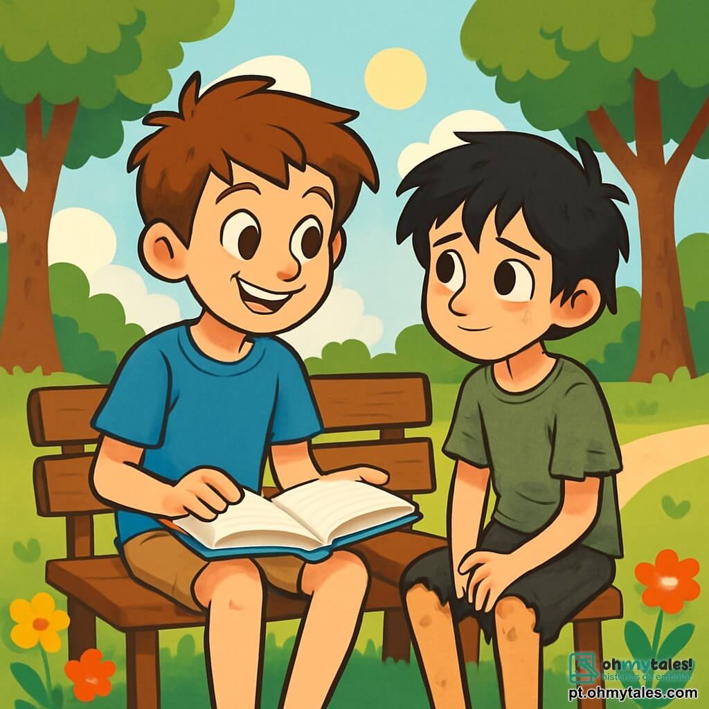 Um garoto de 12 anos, Lucas, com cabelo castanho e bagunçado, um sorriso caloroso e olhos curiosos, está sentado em um banco em um parque ensolarado. Ele usa uma camiseta azul e um short bege, segurando um livro aberto em seu colo, absorvido pela leitura. Ao lado dele, Gabriel, um garoto de 12 anos com cabelo negro e um pouco bagunçado, com um olhar tímido e roupas gastas, observa Lucas com um misto de admiração e reserva. Eles estão cercados por árvores verdes e flores coloridas, criando uma atmosfera tranquila e acolhedora. A cena principal mostra Lucas compartilhando ideias com Gabriel, fortalecendo sua amizade enquanto discutem seus sonhos e paixões.
