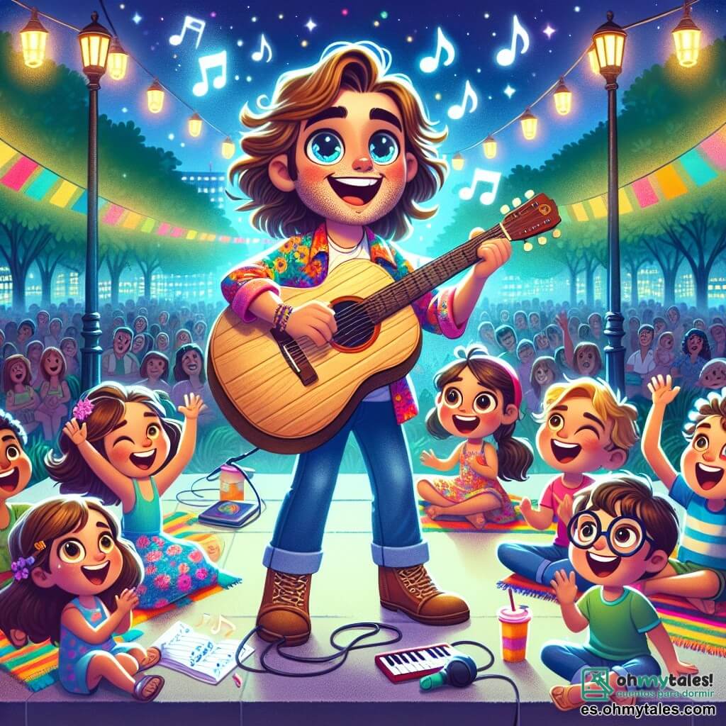 Un hombre alegre llamado Lucas, con largos cabellos castaños y una gran guitarra de madera, está en el escenario, sonriendo con ojos brillantes de emoción. Lleva una camisa colorida y jeans, y canta con pasión, rodeado de notas musicales flotantes. A su lado, cinco niños entusiastas: Clara, una niña de 6 años con trenzas y un vestido de flores que baila levantando los brazos; Tomás, un niño de 8 años con cabello rizado que hace como si tocara la guitarra con una gran sonrisa; Sofía, una niña de 7 años con gafas que canta a todo pulmón, y otros dos niños, un niño y una niña, que aplauden con alegría. El concierto se lleva a cabo en un animado parque central, lleno de familias sentadas sobre mantas coloridas, bajo un cielo estrellado, con farolitos iluminando la atmósfera festiva. La escena principal muestra a Lucas cantando una canción alegre que creó con los niños, mientras el público, compuesto por familias y niños, baila y canta con él, creando una atmósfera mágica y llena de felicidad.