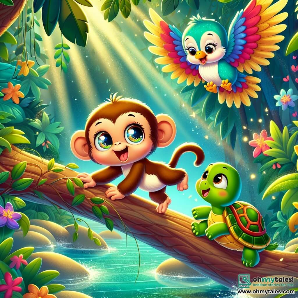 A little monkey named Milo, with shiny golden fur and big sparkling eyes, is hanging from a tree branch, joyfully laughing as he looks around. Next to him, a wise turtle named Lila, with an emerald shell and gentle eyes, stands on the ground, smiling and encouraging Milo with a kind expression. A colorful parrot named Polly, with bright red, blue, and yellow feathers, flies above them, wings spread, guiding them to their next adventure. The setting is a lush jungle filled with vibrant green foliage, colorful flowers, and sunlight filtering through the branches, creating a magical and enchanting atmosphere. The main scene shows Milo, Lila, and Polly preparing to cross a sparkling stream with slippery stones, while brave Milo makes a daring leap, ready to take on the challenge of the adventure ahead.
