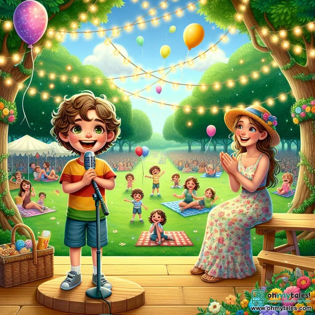 An 8-year-old boy, Oliver, with curly hair and a big smile, stands on a wooden stage holding a microphone. He wears a colorful t-shirt and shorts, and his face shows contagious joy as he recites a funny poem for Mother's Day. Next to him, his mom, Jessica, a woman around 35 with long brown hair and sparkling eyes, sits on a picnic blanket, proudly applauding. She wears a light floral dress and a straw hat, radiating happiness. The setting is a green park filled with joyful families, colorful balloons floating in the air, and stands of flowers and treats. Majestic trees line the park, and string lights twinkle above the stage. The main scene shows Oliver on stage, surrounded by attentive children, while his emotional mom smiles lovingly. It's a moment of celebration and sharing, filled with laughter and tenderness, capturing the spirit of Mother's Day.