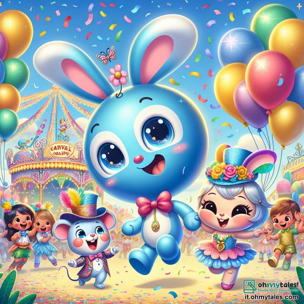 Un piccolo palloncino blu di nome Puff, con un volto sorridente e occhi scintillanti di curiosità, balla gioiosamente in mezzo a una festa di carnevale, circondato da coriandoli colorati che cadono dal cielo. Accanto a lui, una dolce coniglietta di nome Lalla, con grandi orecchie e un costume di fiori, salta di gioia, i suoi occhi brillanti di felicità. Un simpatico topino di nome Tito, con un piccolo cappello da clown, ride agitando le braccia, posizionandosi proprio dietro Puff. Il luogo è una piazza animata, decorata con ghirlande multicolori, palloncini fluttuanti e stand di dolci, con bambini in costumi scintillanti che ballano attorno a un grande carro decorato con fiori vivaci. La scena principale mostra Puff, Lalla e Tito che si divertono insieme, circondati da risate e musica, celebrando la magia del carnevale e l'importanza dell'amicizia.