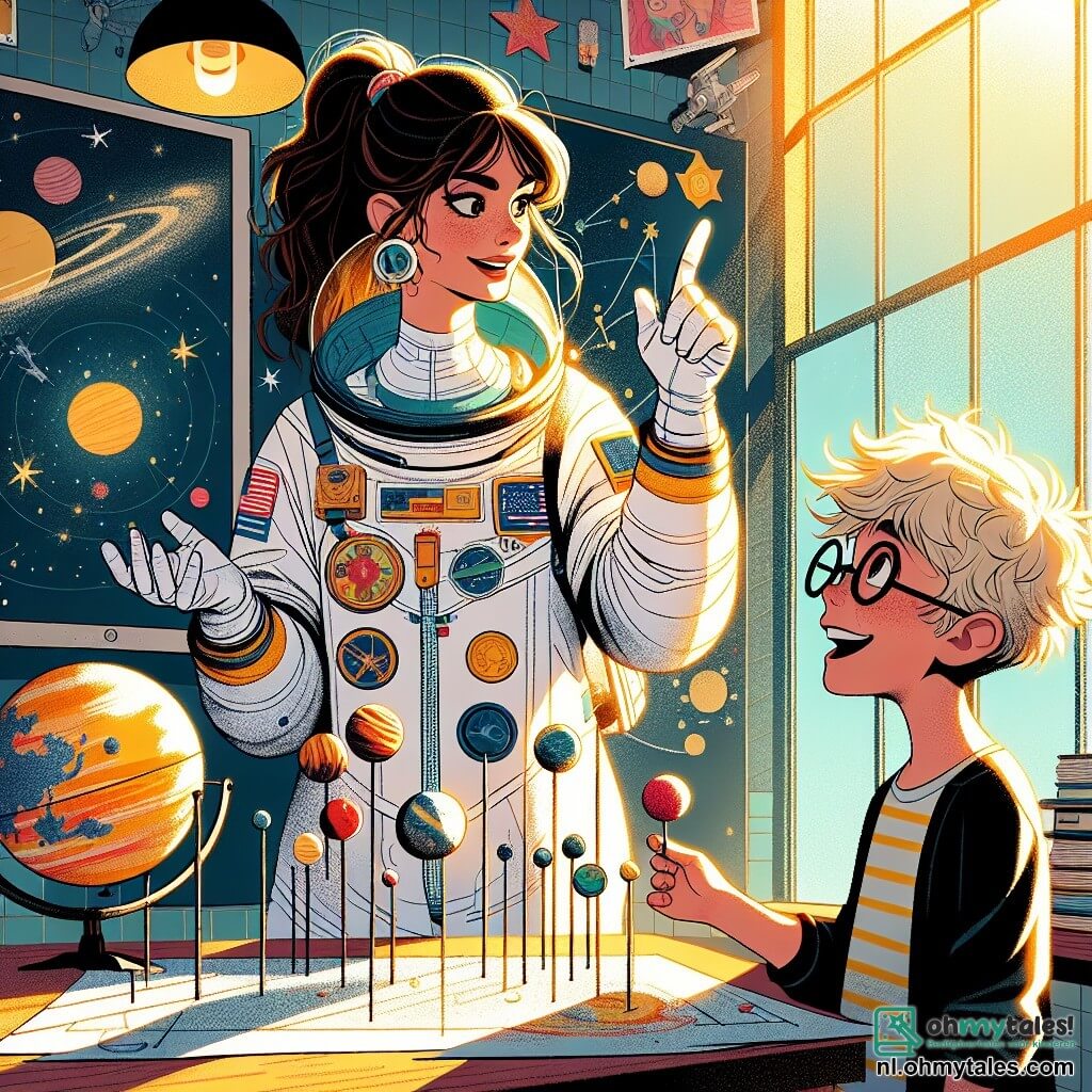 Op de voorgrond staat een vrouwelijke astronaut, Lisa, met bruin haar in een paardenstaart, gekleed in een witte ruimtepak met kleurrijke details. Haar gezicht straalt van opwinding en nieuwsgierigheid terwijl ze met haar vinger wijst naar een maquette van het zonnestelsel die ze heeft gemaakt met een jongen. Naast haar kijkt Tim, een 10-jarig jongetje met rommelig blond haar en ronde bril, verwonderd naar de maquette met een grote glimlach op zijn gezicht. Hij houdt een kleine papieren planeet in zijn hand, klaar om deze aan hun project toe te voegen. De setting is een heldere klaslokaal met muren versierd met posters van sterren en planeten. Raamkozijnen laten zonlicht binnen, dat een zwart bord verlicht vol tekeningen van sterrenstelsels en astronauten. De hoofdscène toont Lisa en Tim die in gesprek zijn en hun passie voor de ruimte delen, omringd door hun creaties, terwijl er een sfeer van kameraadschap en inspiratie in de lucht hangt.