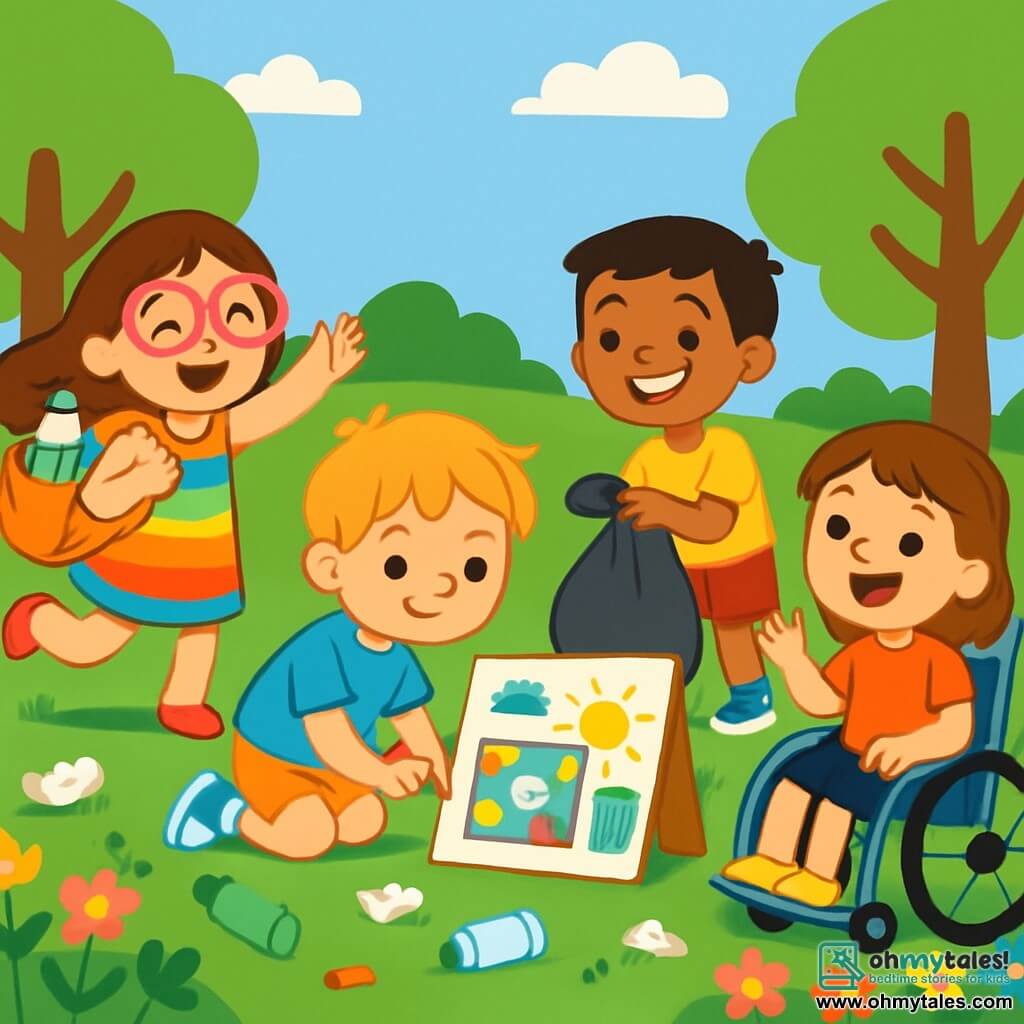 There are 4 children: Mia, a 7-year-old girl with long brown hair and pink glasses, wearing a colorful dress and joyfully dancing while holding a backpack full of recyclable waste; Leo, an 8-year-old boy with messy blonde hair and a blue t-shirt, sitting on the grass drawing a large colorful sign with crayons; Sam, a 6-year-old boy with black hair and a bright smile, wearing red shorts and helping to pick up trash with a garbage bag; and Rosie, a 7-year-old girl with brown hair and a big smile, in her blue wheelchair surrounded by flowers, encouraging her friends to clean the park. The scene takes place in a sunny park with large green trees, colorful flowers, and a clear blue sky. The ground is scattered with litter, but the children are working together to clean it up, creating a colorful sign to encourage others to keep the park clean. They are all smiling and full of energy, conveying a joyful message about the importance of caring for nature.