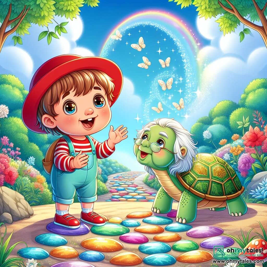 A 2-year-old boy named Timmy, wearing a bright red hat and with big curious eyes, stands on a sparkling path made of colorful stones. He has a wondrous smile, arms open, as if ready to discover a magical world. Next to him, a wise old turtle with a green shell adorned with golden patterns speaks to him slowly. She has a friendly and caring expression, sitting on a stone near the path. Above them, a gentle breeze is represented by wavy lines and floating leaves, giving the impression of whispering secrets to the little boy. The setting is an enchanting garden filled with colorful flowers, majestic trees, and a bright blue sky. The sparkling path winds through this magical landscape, illuminated by sunlight. The main scene shows Timmy listening attentively to the turtle, eyes closed, absorbing lessons of happiness and kindness from the surrounding nature.