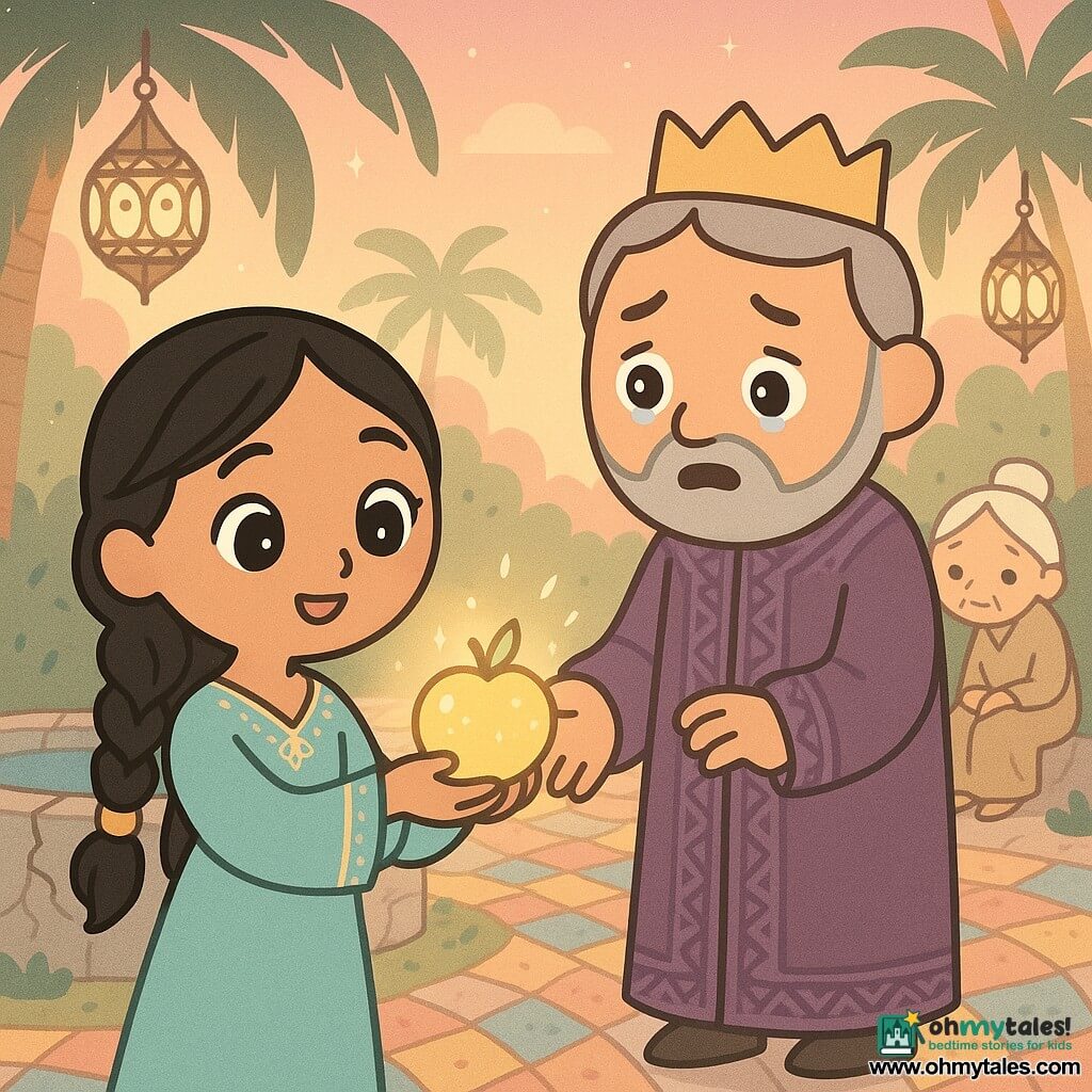 Main character: Laila, a dreamy smiling young woman with large bright eyes, braided black hair with golden beads, wearing a light turquoise dress embroidered with gold, gently holding a sparkling golden fruit with a soft confident posture; Secondary: King Zamar, about 45, round-faced with a short gray beard and tearful sad eyes, in a long purple coat with geometric embroidery, reaching toward the fruit, surprised and moved, standing beside Laila; Secondary: a mysterious old woman, small and stooped with white hair in a bun and simple beige linen clothes, seated by a cracked fountain in the background, with a benevolent gaze; Setting: a secret palace garden inspired by One Thousand and One Nights, mosaic-paved paths, cracked stone fountains, stylized palms, pierced metal lanterns and a pink-and-gold twilight sky; Main scene: Laila offers the magical fruit to the king at the garden's center, a soft golden light emanates from the fruit, expressions of surprise and warmth, peaceful magical atmosphere with warm colors and soft contrasts.
