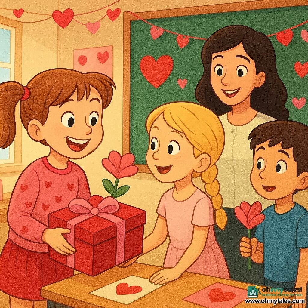 An 8-year-old girl, proud and beaming with light brown pigtails, wearing a pink heart sweater and red skirt, holds a large closed red box tied with a big pink bow and offers a napkin flower to a friend; a 7-year-old blonde girl in a pale pink dress leans forward, delighted to receive it, while an 8-year-old boy with short brown hair in a blue T-shirt stands beside them holding another napkin flower and looking at the box; a smiling female teacher in her thirties with loose black hair and a light blouse watches approvingly from near the board; the classroom is decorated for Valentine’s Day with red and pink heart garlands, banners and cards on the tables, warm light through the windows, and the scene centers on the joyful exchange with vivid colors and small details like napkin folds, bow texture and subtle glitter on the decorations.