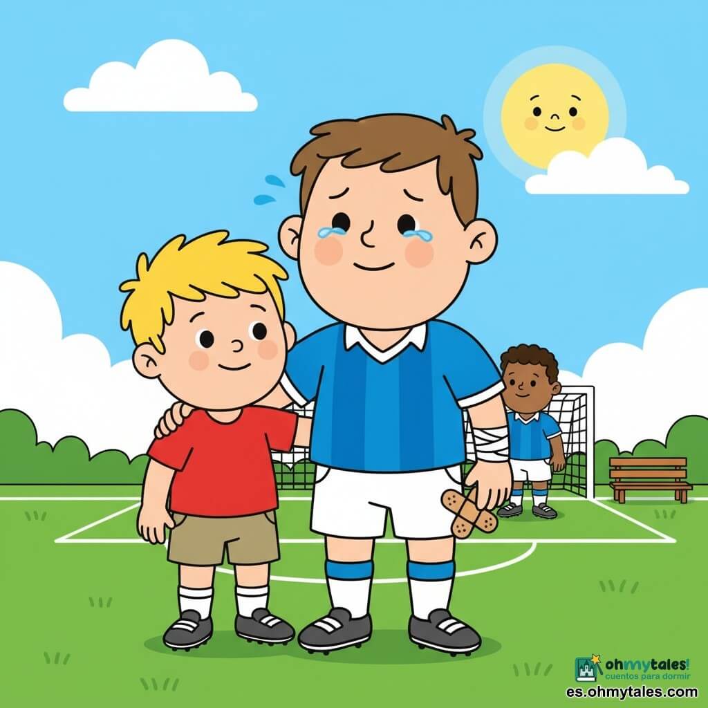 Un hombre futbolista herido, triste pero sonriendo, rostro redondo, pelo castaño corto, piel clara, con lágrimas y una venda en la pierna izquierda cojeando ligeramente, viste camiseta azul a rayas, pantalón blanco y medias largas; a su lado Lucas, niño de unos 8 años, pelo rubio despeinado, sonriente y alentador, con la mano en el hombro del hombre, camiseta roja y short kaki; sobre un campo de césped verde con líneas blancas, un arco blanco al fondo y un pequeño banco de madera al lado, bajo un cielo azul claro con un gran sol amarillo y pocas nubes; situación principal: el hombre y el niño se reconfortan en el campo, ambiente cálido, colores vivos, rasgos redondeados y expresiones claras, composición centrada en su abrazo amistoso.