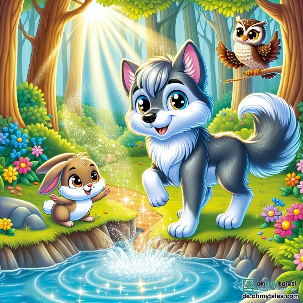Ein magischer Wolf namens Wulf, mit glänzend silbernem Fell und neugierig funkelnden Augen, steht am Rand eines Lichtscheins, der von einem glitzernden Bach ausgeht. Er lächelt voller Staunen, seine Vorderpfoten leicht erhoben, bereit, ins Wasser zu springen. Neben ihm schaut ein kleiner Hase namens Hops, mit großen Ohren und weichem Fell, bewundernd zu Wulf, seine runden Augen voller Erstaunen. Höher in einem Baum beobachtet eine Eule namens Euli, mit braunen Federn und weisen Augen, die Szene, ihre Flügel leicht ausgebreitet, bereit zum Fliegen. Der Ort ist ein wunderschöner verzauberter Wald, wo hohe, majestätische Bäume stehen und bunte Blumen den glitzernden Bach säumen. Sonnenstrahlen brechen durch die Blätter und erzeugen leuchtende Muster auf dem Boden. Die Hauptsituation zeigt Wulf, der aus dem Bach kommt, sein Fell strahlt vor Magie, während seine Freunde ihn anfeuern und seine Verwandlung mit Freude und Staunen feiern.