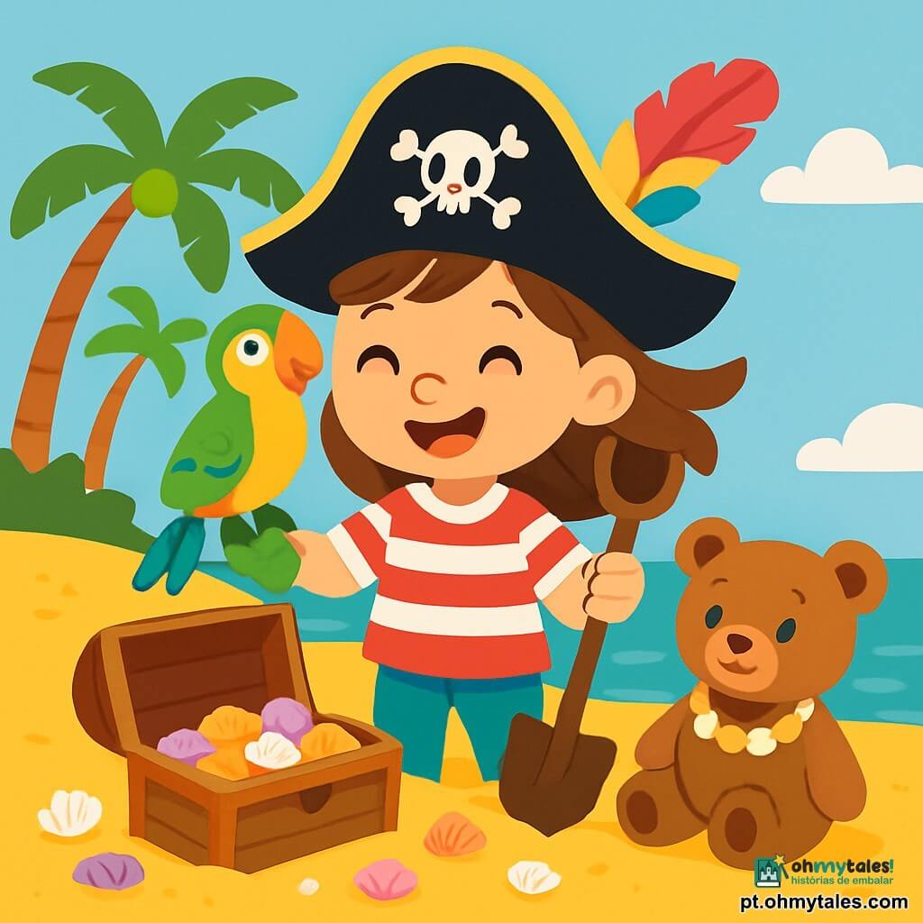 Uma jovem pirata, Lara, está de pé em uma praia dourada, com um grande sorriso no rosto. Ela usa um chapéu de pirata preto adornado com uma pena colorida e uma camisa listrada vermelha e branca. Seus cabelos castanhos voam ao vento, e ela segura uma pá de madeira, pronta para cavar. Ao lado dela, um papagaio colorido chamado Paco, com penas verdes e amarelas, está empoleirado em seu ombro, olhando com curiosidade para o mar. Um urso de pelúcia chamado Ted, que parece suave e aconchegante, está sentado na areia, com um colar de conchas ao redor do pescoço, observando Lara com admiração. A cena acontece em uma ilha tropical, com palmeiras verdes e um mar azul turquesa brilhante ao fundo. Conchas multicoloridas estão espalhadas na areia quente, e o céu é de um azul radiante, salpicado de algumas nuvens brancas fofas. Lara e seus amigos descobrem um tesouro escondido na areia, uma caixa cheia de conchas brilhantes, e estão prestes a criar lindos colares, cheios de excitação e alegria.
