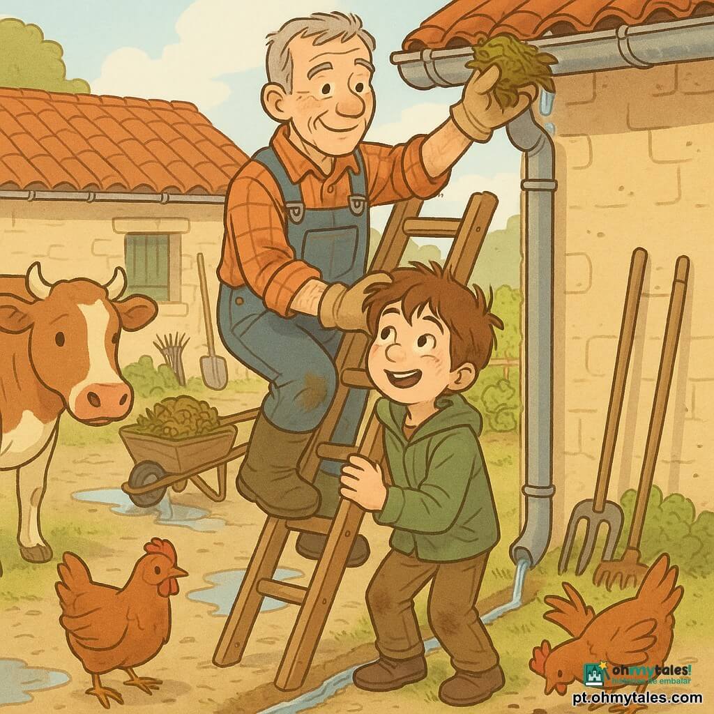 Homem adulto agricultor, calmo e afetuoso, rosto enrugado, cabelos curtos grisalhos, camisa xadrez terracota, macacão jeans e luvas gastas, numa escada de madeira retirando um ninho de folhas molhadas da calha com sorriso tranquilo; garoto de ~9 anos (Tomás), curioso e maravilhado, cabelo castanho despenteado, bochechas levemente sujas, jaqueta verde, joelhos sujos, segurando a base da escada e rindo; vaca malhada marrom e branca à esquerda junto a uma poça reflectora e uma galinha ruiva ciscando à direita; quintal de fazenda ao fundo com casa de pedra clara e telhado de telhas vermelhas, calhas de zinco, poças brilhantes num caminho de cascalho, carrinho de madeira com folhas, ferramentas encostadas e uma fileira de verduras atrás de uma cerca baixa; cena principal: limpeza da calha após a chuva, água começando a correr limpa pelo tubo, poças escoando suavemente, luz de fim de manhã e cores quentes.