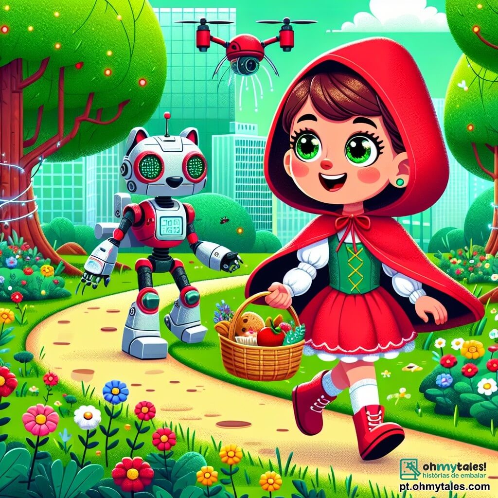 O Pequeno Chapeuzinho Vermelho, uma menina de cerca de 8 anos, usa um capuz vermelho vivo iluminado por luzes LED cintilantes. Ela tem grandes olhos curiosos e um sorriso alegre, segurando uma cesta cheia de deliciosas guloseimas. Ela caminha por um caminho verdejante, cercado de flores coloridas, com uma expressão de excitação no rosto. Ao seu lado, o Lobo Robô, um personagem metálico com olhos verdes esmeralda que piscam, está cuidadosamente plantando arbustos. Ele tem uma aparência amigável, apesar de seu aspecto de máquina, e observa Chapeuzinho Vermelho com benevolência. O cenário é um parque urbano verdejante, onde árvores majestosas se erguem acima de edifícios modernos. Flores vibrantes margeiam o caminho, e drones voam suavemente acima, adicionando um toque futurista ao ambiente. A cena principal mostra Chapeuzinho Vermelho caminhando alegremente em direção à casa de sua avó, enquanto conversa com o Lobo Robô, que fala sobre a importância da natureza e da tecnologia. A atmosfera é cheia de otimismo e camaradagem, simbolizando a harmonia entre o humano e a máquina.