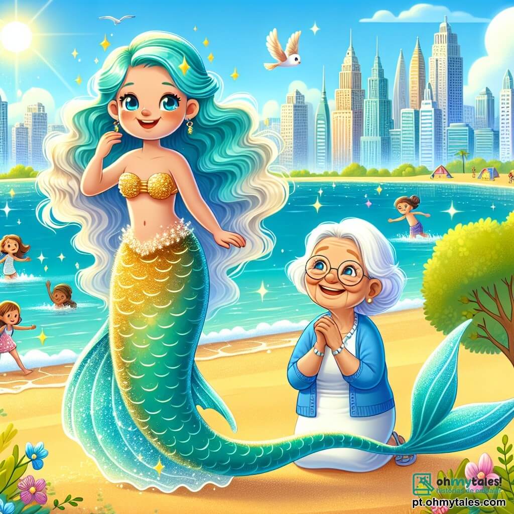 No centro da imagem, uma sereia chamada Marina, uma jovem com cabelos ondulados na cor turquesa e uma cauda brilhante com escamas douradas, está maravilhada à beira de uma praia ensolarada. Seu rosto expressa pura alegria e curiosidade enquanto observa as ondas dançando sob o sol. Ao seu lado, uma mulher idosa, Dona Clara, com cerca de 70 anos, cabelos brancos e um sorriso acolhedor, segura um buquê de flores coloridas. Ela está um pouco atrás, observando Marina com orgulho e carinho, como uma avó protetora. Ao fundo, o cenário de Luminópolis se revela: edifícios modernos com fachadas brilhantes, árvores verdes e crianças brincando na areia dourada. O mar brilha em um azul intenso, e pássaros voam em um céu limpo. A cena principal mostra Marina, encantada com a beleza do mundo humano, pronta para mergulhar na aventura enquanto segura a mão de Dona Clara, simbolizando a conexão entre os dois mundos, o do mar e o da terra.