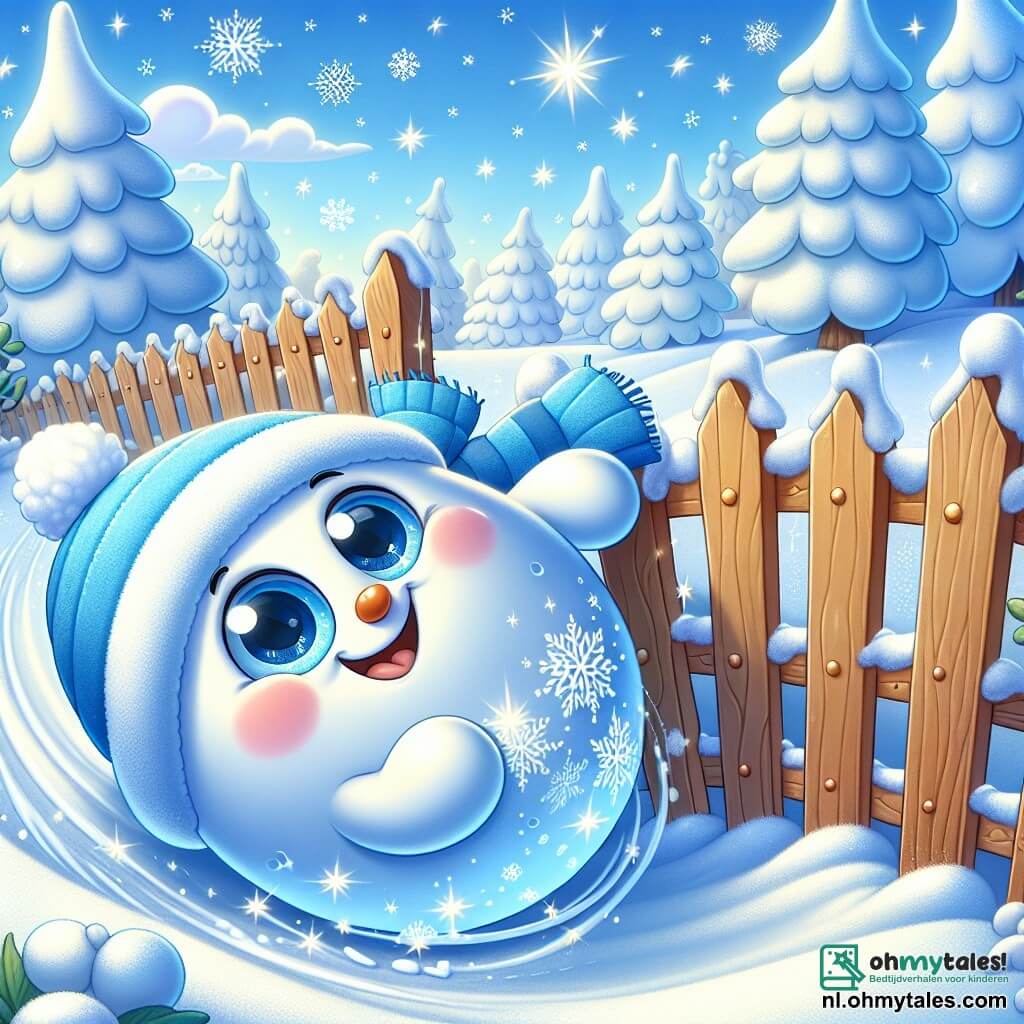Een glimlachende sneeuwman genaamd Binky wordt afgebeeld als een blauwe sneeuwbal met sprankelende ogen en een grote glimlach. Hij rolt vrolijk door een mooie besneeuwde tuin, omringd door glinsterende sneeuwvlokken. Naast hem staat een oude houten tuin met een bezorgde uitdrukking, met licht gebogen takken. Hij heeft een opgeluchte en dankbare uitstraling terwijl Binky hem helpt rechtop te komen. De achtergrond toont een betoverende wintertuin met met sneeuw bedekte bomen, ronde struiken en een helderblauwe lucht met donzige witte wolken. De belangrijkste situatie laat Binky zien die de houten tuin duwt om hem weer op zijn plaats te zetten, terwijl sneeuwvlokken zachtjes om hen heen vallen, wat een magische en vrolijke sfeer creëert.