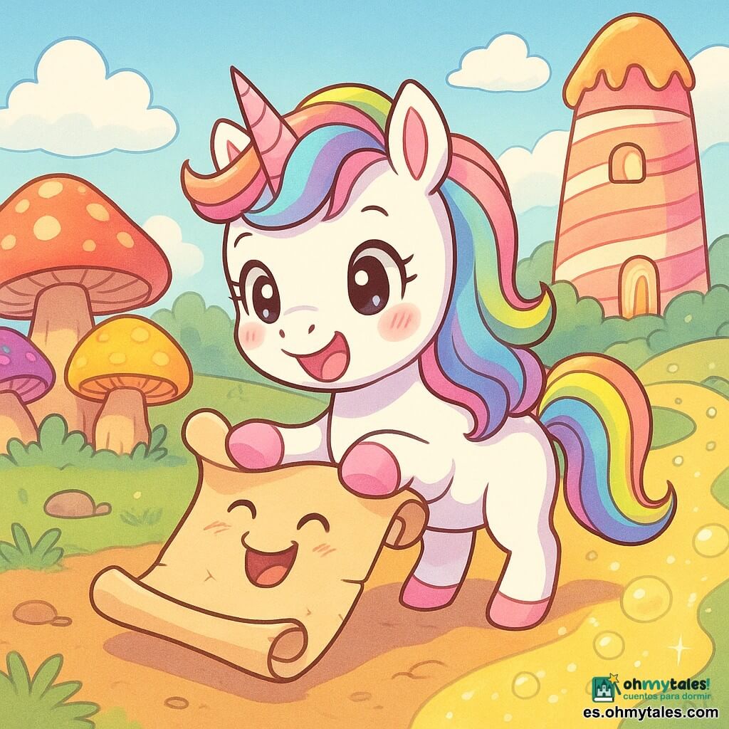 Una unicornio blanca llamada Chispa, alegre y asombrada, con crin multicolor como helados, grandes ojos brillantes, pequeñas hoyuelos y cascos rosados que hacen "plin plin", abre un gran pergamino que ríe y estornuda, enrollado y flotando ligeramente; a la izquierda un bosquecillo de setas gigantes de colores vivos (rojo, amarillo, violeta) con sombreros texturados y pequeñas ventanas que proyectan sombras redondas; a la derecha un río de limonada amarillo pálido con burbujas translúcidas y gotas que brillan al sol; al fondo una torre rayada de golosinas con azúcares que fluyen como caramelo y ventanas de malvavisco; Chispa descubre el plano mágico en la encrucijada de tres caminos, los tres lugares visibles a su alrededor, curiosa y riendo; escena colorida, luminosa, con detalles dulces y tiernos; estilo: trazos suaves tipo manga, colores pastel saturados, texturas lúdicas, composición centrada y expresiones exageradas y legibles para niños.