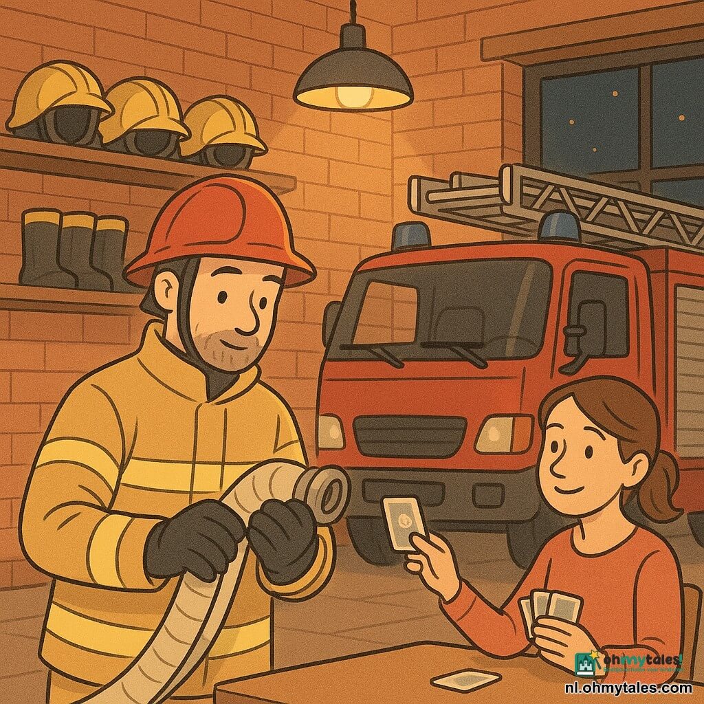 Volwassene man (Milan), kalme geconcentreerde emotie, zacht gezicht met beginnende baard, rood helm iets scheef, reflecterende gele brandweerjas, hij controleert een grote glanzende brandslang met zwarte handschoenen, zelfverzekerde geruststellende houding; vrouw (Sana, ±30), haar opgestoken, vriendelijke glimlach, zittend aan een tafel bij het raam met een stapel kaarten en ze toont een kaart aan Milan; glanzende rode brandweerwagen binnen in de kazerne, sirene uit, ingeklapte ladder; interieur kazerne 's nachts: lichte bakstenen muren, rekken met op elkaar geplaatste helmen en laarzen, warme hanglamp met zachte schaduwen; hoofdscène: rustige voorbereiding voor alarm, georganiseerd en klaar om uit te rukken, lichte geruststellende spanning, compositie gefocust op Milan met de wagen op de achtergrond, warme kleuren en sterke contrasten.