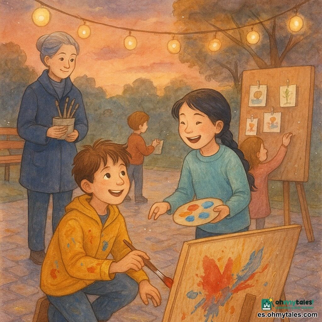 Un niño de 10 años, pelo castaño alborotado y sonrisa tierna, agachado pintando un gran panel de madera con un pincel ancho; detrás, Lúa, una niña de 10 años de trenza y suéter verde agua, ríe y le ofrece una paleta multicolor; a la izquierda, una mujer de unos 40 años con moño gris y abrigo azul marino sostiene una caja de pinceles y sonríe; otros dos niños juegan cerca, uno dibuja hojas y la otra cuelga pequeñas tarjetas con historias en las ramas de un panel-art; el parque al crepúsculo muestra senderos brillantes, bancos, farolillos y un cielo rosado anaranjado; la escena sugiere una comunidad creando teatro visual con pinceles en movimiento, salpicaduras de pintura viva y tarjetas suspendidas iluminadas por luz de linternas.