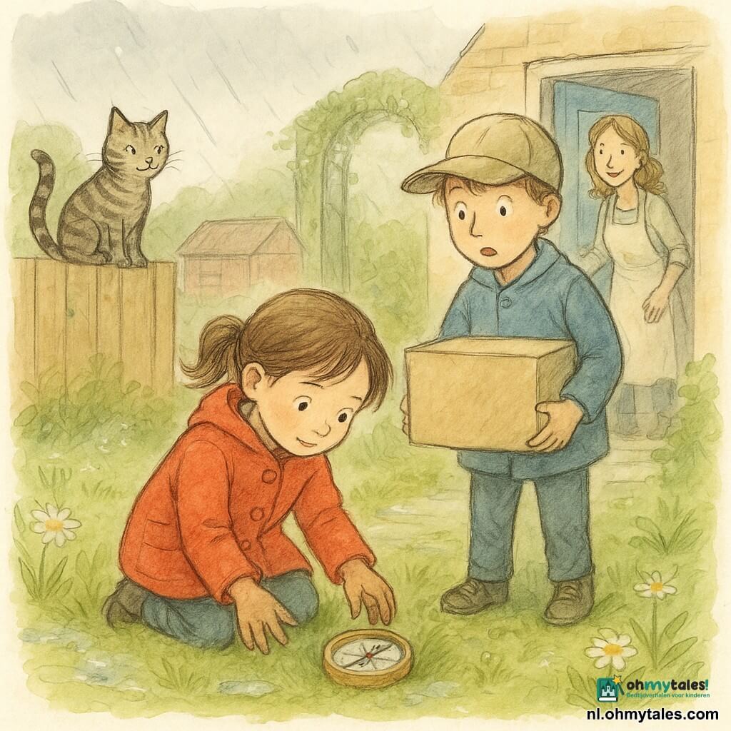 De scène toont Mila (6) knielend in het natte gras, geconcentreerd en opgelucht, bruine staartjes, rode regenjas met grote knopen, met vuile kleine handen een rond kompas tussen madeliefjes oppakkend; Noor (±7) staat naast haar met een te grote pet over de ogen, verraste maar behulpzame blik, handen aan de rand van een bezorgdoos op het tuinpad; hun moeder (±35) staat in de achterdeur, glimlachend en licht voorovergebogen met een licht schort, klaar om de doos aan te nemen; een gestreepte kat zit op de houten schutting met een guitige blik; kleine voorstedelijke tuin na de regen: glanzend gras met fonkelende plassen, lage bloembedden, een rood houten schuurtje links, een klimrozenboog rechts en een lichtblauwe achterdeur; hoofdactie: ontdekking en opluchting — Mila vindt haar kompas terwijl Noor de doos bewaakt en de moeder de deur opent, vochtige sfeer met zachte kleuren, regendruppels, voetafdrukken en een huiselijk avontuurlijk gevoel.