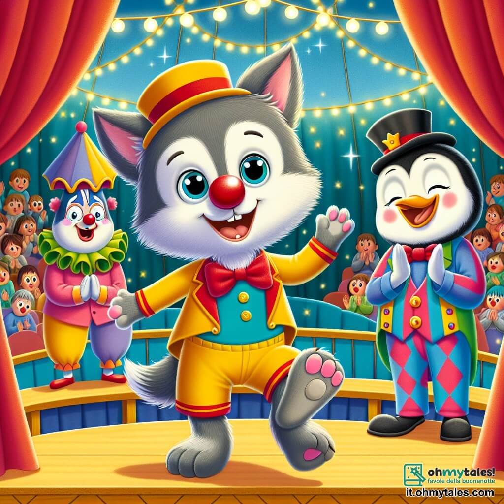 Un piccolo lupo di nome Lino, con un pelo grigio e occhi scintillanti di gioia, indossa un grande naso rosso da clown e sorride saltando su un palco da circo. Accanto a lui, un clown gioioso con un costume colorato e un cilindro, ride incoraggiandolo a ballare. Un pinguino carino, con un piccolo cappello nero e un papillon rosso, applaude entusiasta, stando proprio dietro Lino. Il luogo è un grande tendone da circo, pieno di luci scintillanti e palloncini colorati, con spettatori meravigliati seduti su panchine di legno. La scena principale mostra Lino che, dopo essere scivolato, si rialza ridendo, pronto a continuare il suo numero da clown sotto gli applausi del pubblico.