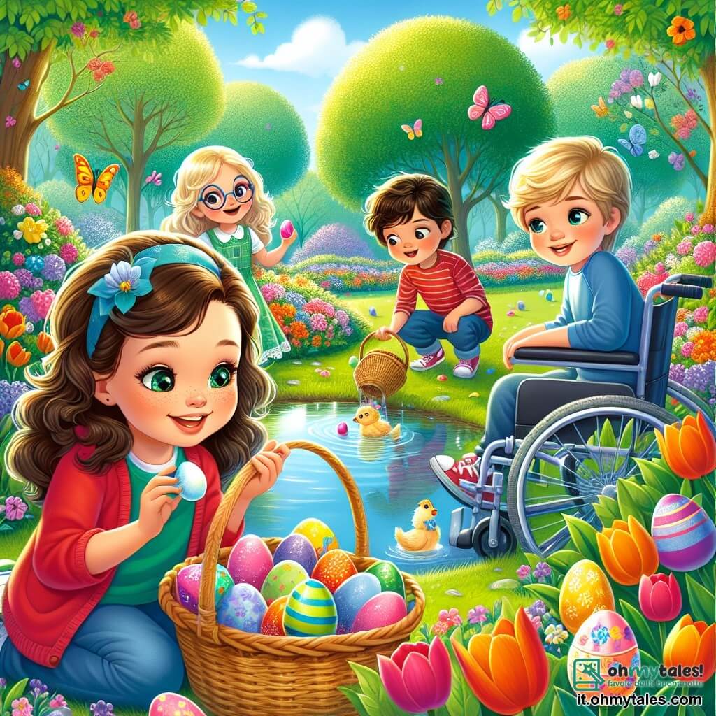 In un magnifico parco primaverile, quattro bambini sono riuniti per una caccia alle uova di Pasqua. Marco, un ragazzo di 12 anni con capelli castani e occhi vivaci, è al centro, sorridente con un cestino di vimini pieno di uova colorate. Alla sua sinistra, Sara, una ragazza di 11 anni con capelli ricci e occhiali, esamina attentamente un tulipano, incuriosita da un movimento. A destra, Luca, un ragazzo di 12 anni con capelli biondi e pelle chiara, indica un uovo giallo che galleggia nel laghetto, ridendo con entusiasmo. Infine, Giulia, una ragazza di 11 anni con capelli castani e occhi dolci, è seduta nella sua sedia a rotelle, sorridendo felicemente, con un cestino ai suoi piedi. Il parco è pieno di fiori brillanti, grandi alberi verdi e un laghetto scintillante dove l'acqua riflette il cielo blu. Gli uccelli cantano gioiosamente e farfalle colorate volano intorno ai bambini, aggiungendo un tocco di magia all'atmosfera. La scena principale mostra i bambini in piena ricerca, alla ricerca con eccitazione dell'uovo magico nascosto, mentre i raggi di sole illuminano i loro volti meravigliati, creando un'atmosfera gioiosa e festosa.