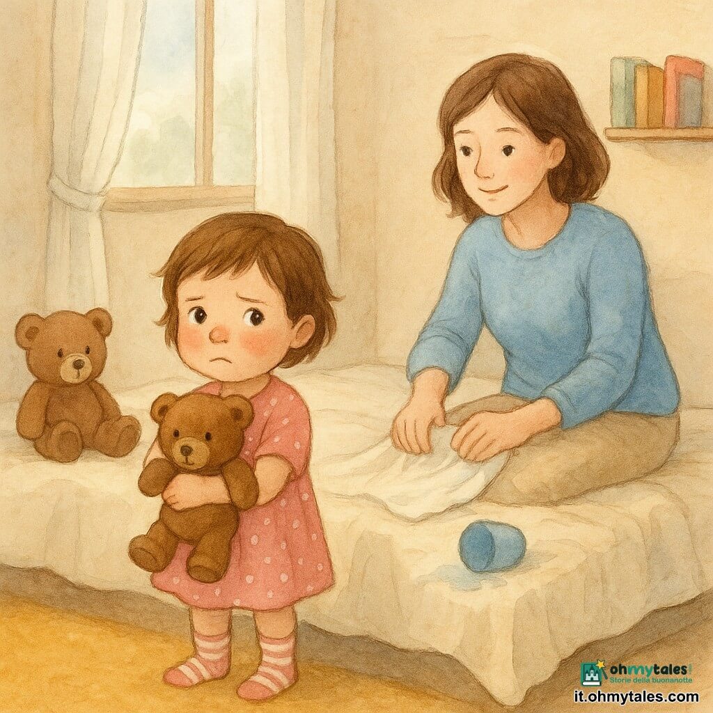 Bambina di 2 anni al centro, volto leggermente arrossato, occhi lucidi, bocca serrata, tiene il suo orsacchiotto marrone peluche al petto; capelli corti castani, vestitino rosa a pois bianchi e calzini a righe. La madre, circa 32 anni, seduta a destra sul bordo del letto con sorriso dolce, asciuga un lenzuolo con un panno bianco; indossa maglione azzurro e pantaloni beige. L'orsacchiotto è sul letto a sinistra, morbido e rassicurante. Stanza illuminata dalla luce mattutina, finestra aperta con tenda bianca leggera, pareti crema, tappeto senape e piccola mensola con libri. Sul letto coperta crema stropicciata, bicchiere blu rovesciato con qualche goccia e panno accanto. Scena calma e tenera, gesto semplice e rassicurante, espressioni dolci, palette pastello, texture acquerellate e contorni lievemente sfumati.