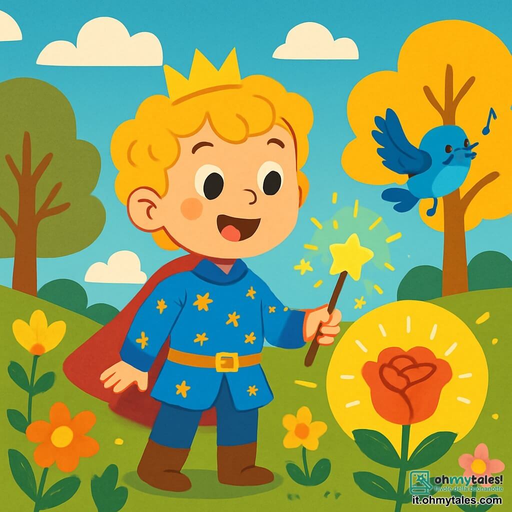 Un giovane principe di circa 8 anni, con capelli biondi e ricci, indossa una tunica blu decorata con stelle dorate. Ha un grande sorriso meravigliato sul volto, gli occhi brillanti di curiosità, e tiene in mano una bacchetta magica scintillante. Accanto a lui, un piccolo uccello blu dalle piume brillanti vola gioiosamente, cantando una dolce melodia. Lo sfondo è un giardino incantato, pieno di fiori colorati che danzano al vento, con alberi maestosi dalle foglie dorate e un cielo blu brillante punteggiato di nuvole bianche e soffici. La scena principale mostra il principe che scopre la bacchetta magica sotto una rosa splendente, circondato da un'aura luminosa, pronto a vivere un'avventura fantastica.
