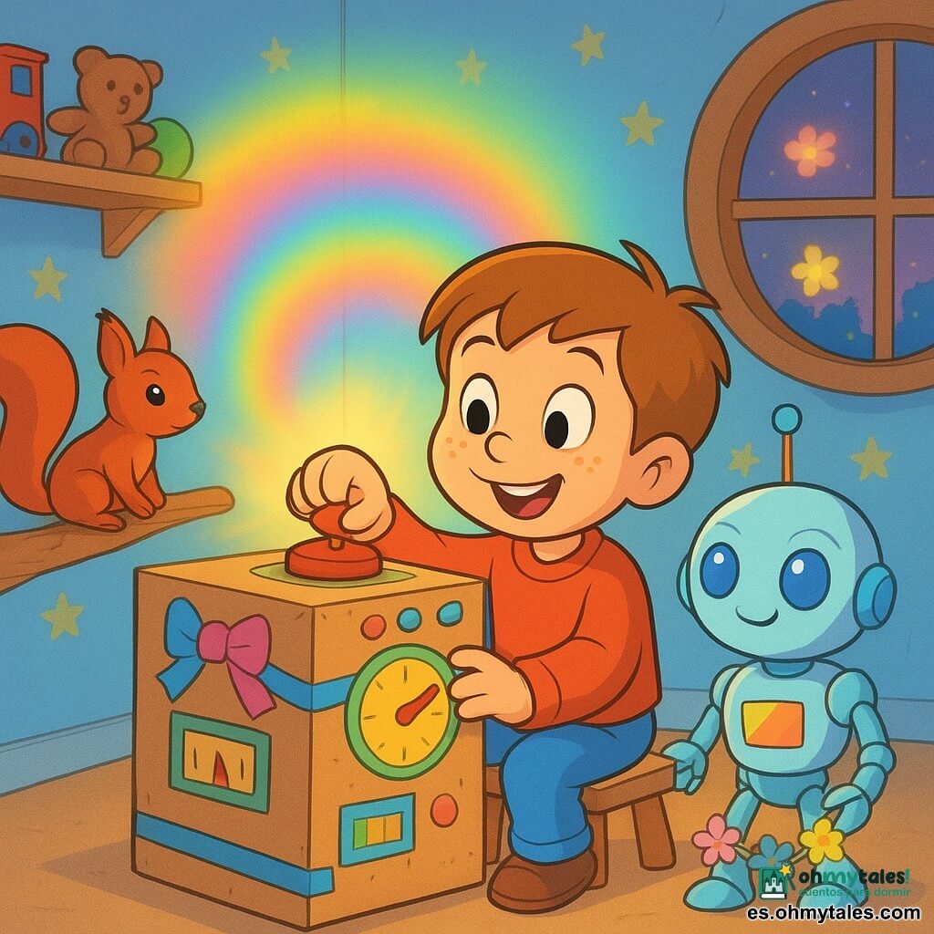 Un niño de 4 años, sonrisa maravillada, cabello castaño claro corto y pecas, pulsa un botón rojo brillante; frente a él, una máquina del tiempo de cartón decorada con lazos y diales emite un halo arcoíris suave; a su derecha, un robot infantil del tamaño de un conejo, metal pulido y colores pastel, con ojos redondos azul eléctrico sostiene una guirnalda de flores estrelladas; en una rama baja entraquirillo, una ardilla hembra de pelaje rojizo observa la escena; la habitación, cálida y ordenada, con paredes azul pálido con estrellas, una estantería de madera y una ventana circular que muestra un cielo crepuscular y flores luminosas flotando; ambiente de asombro y ternura, composición centrada en el niño y la máquina.