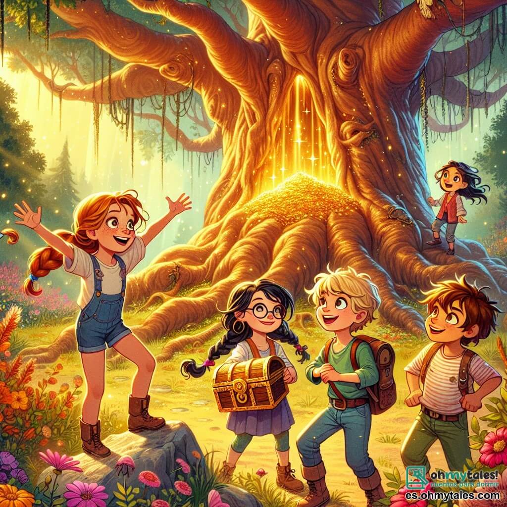 Cuatro pequeños aventureros se encuentran al pie de un inmenso árbol gigante, con los ojos brillantes de emoción. Clara, una niña de seis años con largos cabellos castaños y gafas redondas, observa maravillada el cofre dorado que acaba de descubrir, con las manos en las caderas. Tomás, un niño de seis años con cabello rubio y pecas, señala el cofre con una gran sonrisa, levantando los brazos en señal de victoria. Sofía, una niña de seis años con cabello negro y una pequeña trenza, se agacha cerca del árbol, examinando la piedra mágica que brilla en su mano. Lucas, un niño de seis años con cabello castaño y ojos chispeantes, está trepando por una rama baja, listo para explorar más alto. El lugar es un parque encantado, bañado de luz dorada, con flores coloridas que bailan al viento y pájaros cantando en las ramas. El enorme árbol, con su tronco nudoso y hojas exuberantes, parece albergar secretos mágicos. La situación principal muestra a los amigos descubriendo un cofre misterioso, lleno de magia, que los lleva a una increíble aventura, mientras se preparan para explorar el mundo fantástico que se abre ante ellos.