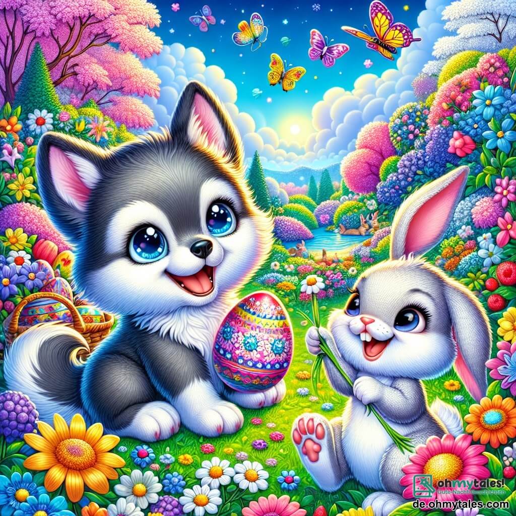 Ein kleiner Wolf mit funkelnden Augen und weichem, grauem Fell, der Freude auf seinem Gesicht trägt, sitzt inmitten eines bunten Gartens, umgeben von leuchtenden Blumen in allen Farben. Er hält ein dekoriertes Osterei in seinen Vorderpfoten und bewundert seine Schönheit mit Staunen. Neben ihm springt ein kleiner Hase mit großen Ohren und weißem Fell, der strahlend lächelt, fröhlich umher, während er ein Grashalm im Mund hält. Der Garten ist ein wahres Frühlingsbild, gefüllt mit leuchtenden Blumen, schwirrenden Schmetterlingen und einem klaren blauen Himmel, der von flauschigen weißen Wolken durchzogen ist. Im Hintergrund steht ein majestätischer großer Baum, der mit rosa Blüten bedeckt ist und dem bezaubernden Landschaftsbild einen Hauch von Magie verleiht. Die Hauptsituation zeigt den kleinen Wolf und den Hasen, die fröhlich auf Ostereiersuche sind, zusammen lachen und Spaß haben, während sie versteckte Schätze zwischen den Blumen entdecken und die Schönheit des Frühlings genießen.