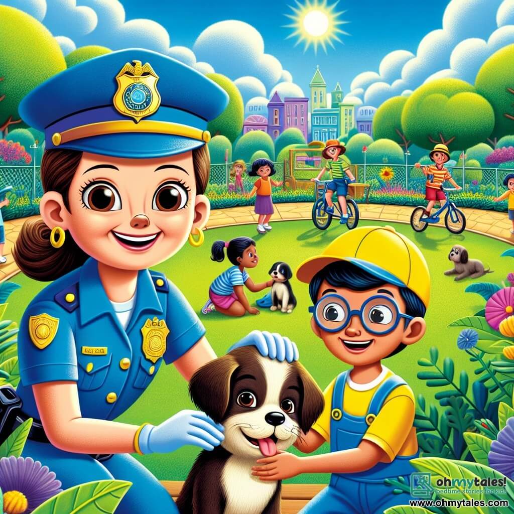 In the foreground, a young policewoman, Lucy, is depicted with a big smile on her face. She is wearing a bright blue uniform, a shiny badge on her chest, and a safety helmet. Her brown hair is tied back in a ponytail, and she is crouching next to a lost puppy, looking full of compassion and enthusiasm. Next to her is an 8-year-old boy named Tommy, wearing a bright yellow cap and glasses, gazing at the puppy with wonder. He is sitting on Lucy's bicycle handlebars, gripping the bar, ready to help. In the background, Sunnyville Park is filled with lush greenery, vibrant trees, and children playing games. Colorful flowers line the paths, and the sky is a bright blue, dotted with fluffy white clouds. The main scene shows Lucy and Tommy discovering the lost puppy in the park, ready to help and find its owner, illustrating the spirit of cooperation and safety in their community.