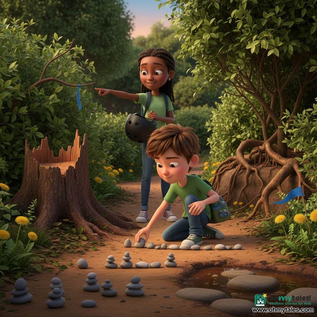 Milo, a joyful, focused 12-year-old with fair skin and slightly tousled short brown hair, wearing a green T‑shirt and jeans, is crouched on a dirt path carefully lining up a small row of grey and white pebbles with one hand while the other holds a backpack that jingles with stones; Jada, around 12, attentive and smiling, darker-skinned with braided black hair and a scooter helmet hooked on her arm, stands just behind him pointing to a low branch with a blue string attached, watching and advising. The path, edged by green hedges and scattered leaves, is blocked by a fallen stump with a narrow detour between two bushes showing exposed roots; in the foreground, small packs of five pebbles form a repeating pattern, yellow dandelions mark the direction, a bit of blue string flutters like a flag between branches, and flat stones serve as stepping stones across a muddy puddle. Late-afternoon warm, contrasting light and crisp textures (cracked wood, smooth stone, satin leaves) emphasize the collaborative, precise gestures and the confident, serene expressions as they create a safe, playful route.
