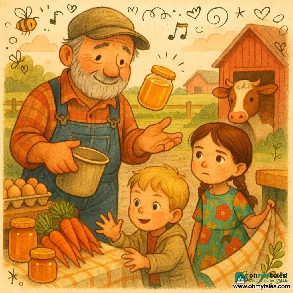 A round-faced, graying-bearded farmer with a gentle smile and tired kind eyes wears a worn cap, plaid shirt and denim overalls; he holds a bucket of feed and steadies a jar of honey against the wind. Mia, about 6, chestnut hair in braids and a colorful dress, looks curious and serious as she holds a corner of a market tablecloth to the farmer's right. Leo, about 5, a blond boy in a light jacket with a lively, focused expression, stands slightly in front with hands ready to catch. In the background a brown-and-white cow named Daisy with a soft muzzle watches from the doorway of a red wooden barn nearby. The scene is a morning village market on a paved square with wooden stalls displaying cartons of eggs, bunches of bright orange carrots and amber jars of honey; beyond are green fields, hedges and the barn under a pale pink morning sky. The composition is warm with saturated colors, visible fabric, wood and skin textures, small doodled bees and overlaid notes and seeds.